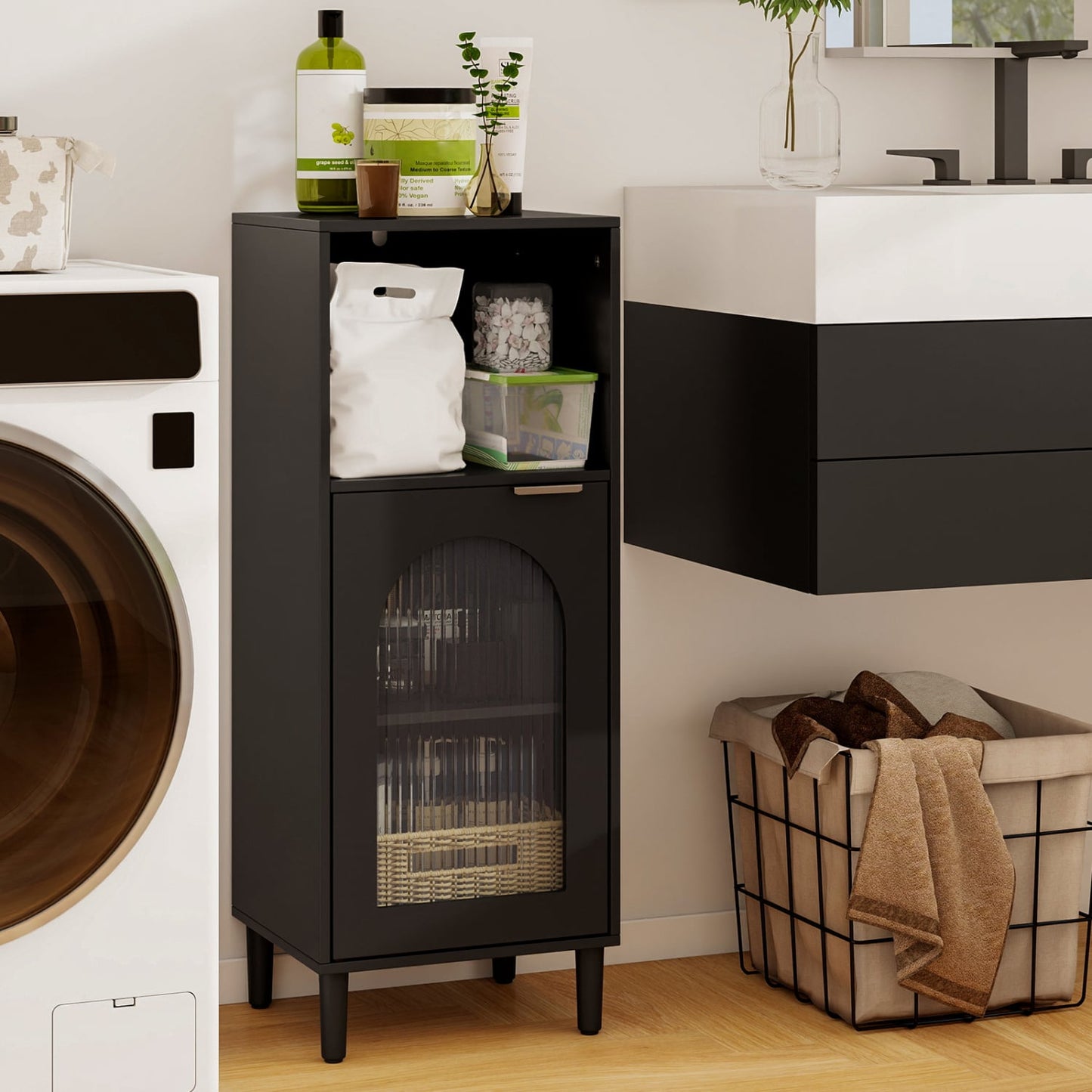 Wood Bathroom Floor Cabinet, Adjustable Shelf, Black