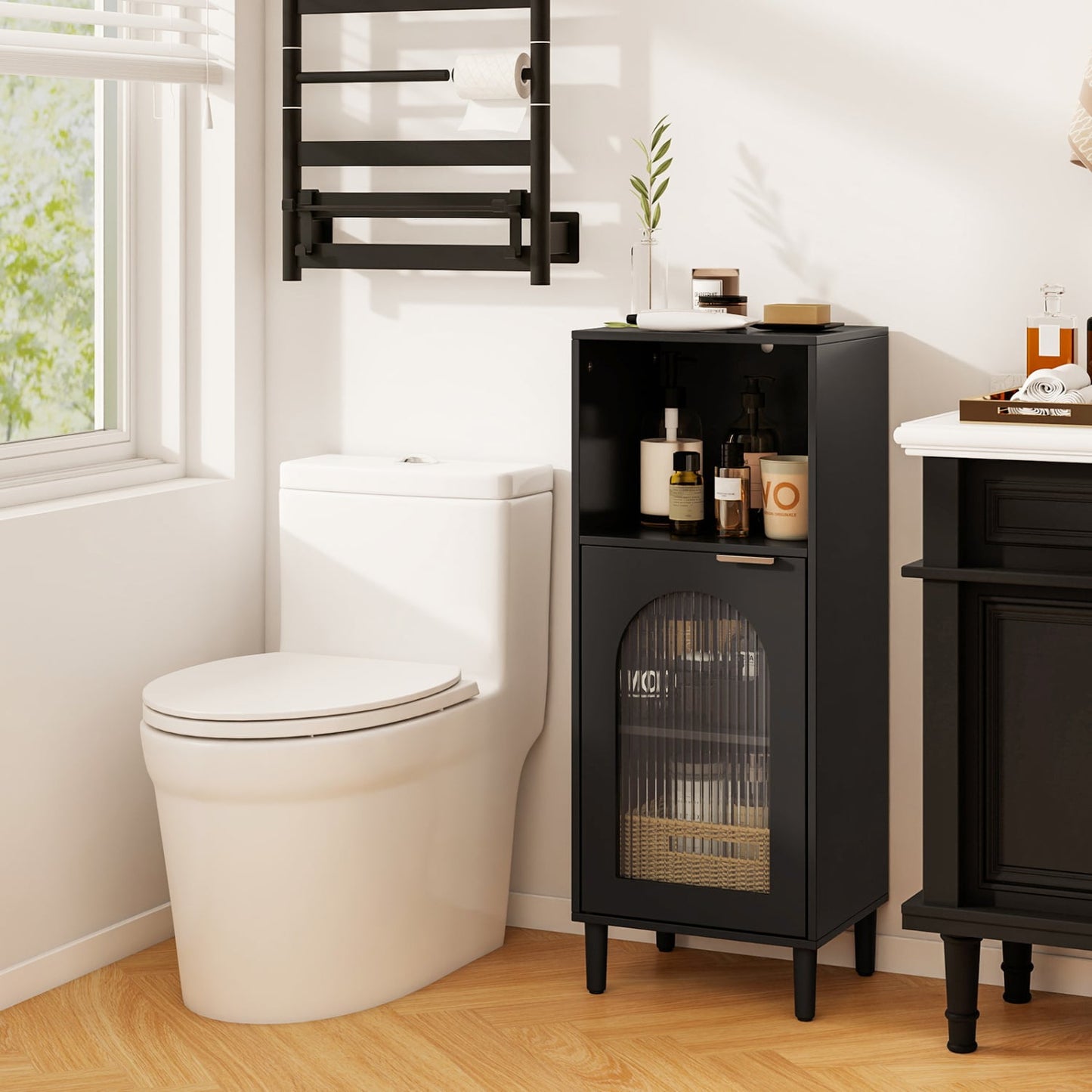 Wood Bathroom Floor Cabinet, Adjustable Shelf, Black