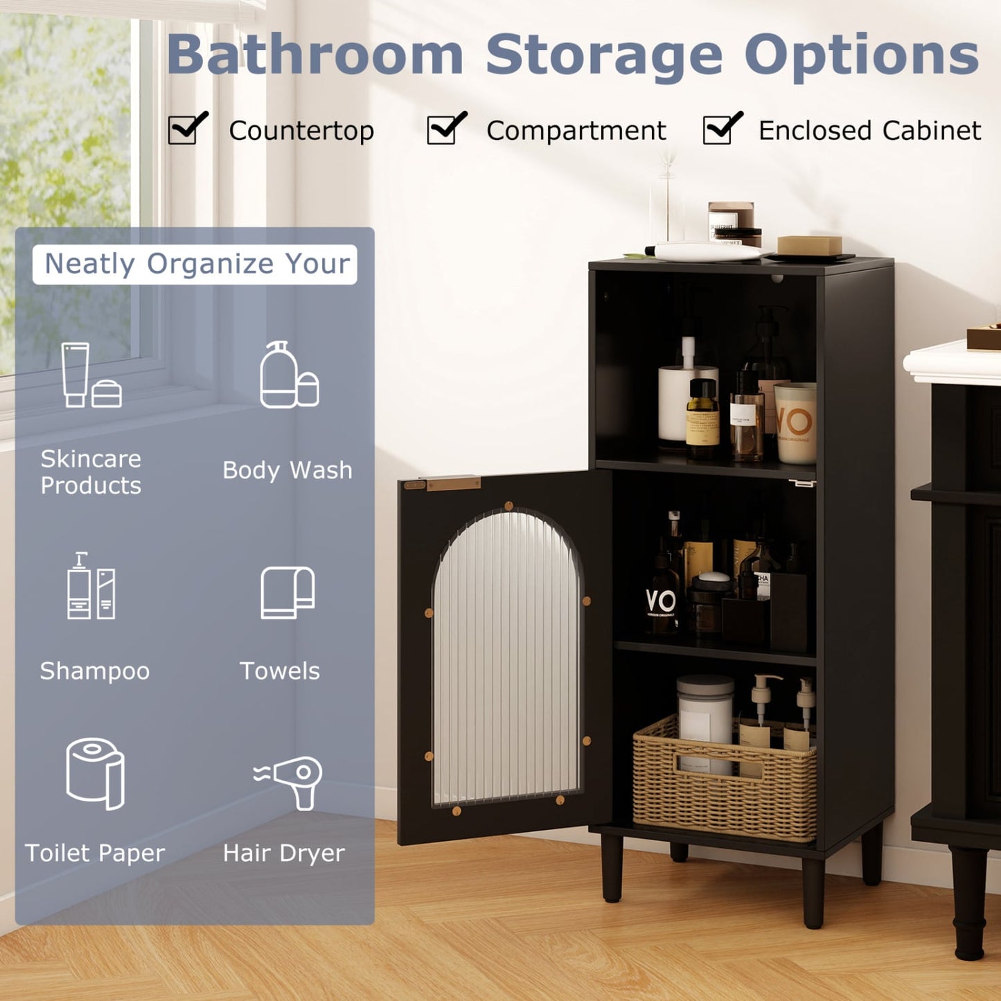 Wood Bathroom Floor Cabinet, Adjustable Shelf, Black