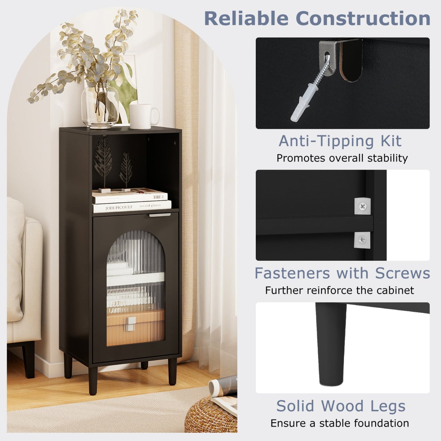Wood Bathroom Floor Cabinet, Adjustable Shelf, Black