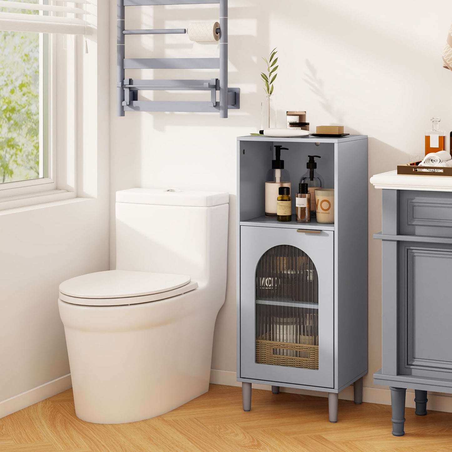 Bathroom Floor Cabinet, Wood Side Storage, Adjustable Shelf, Gray