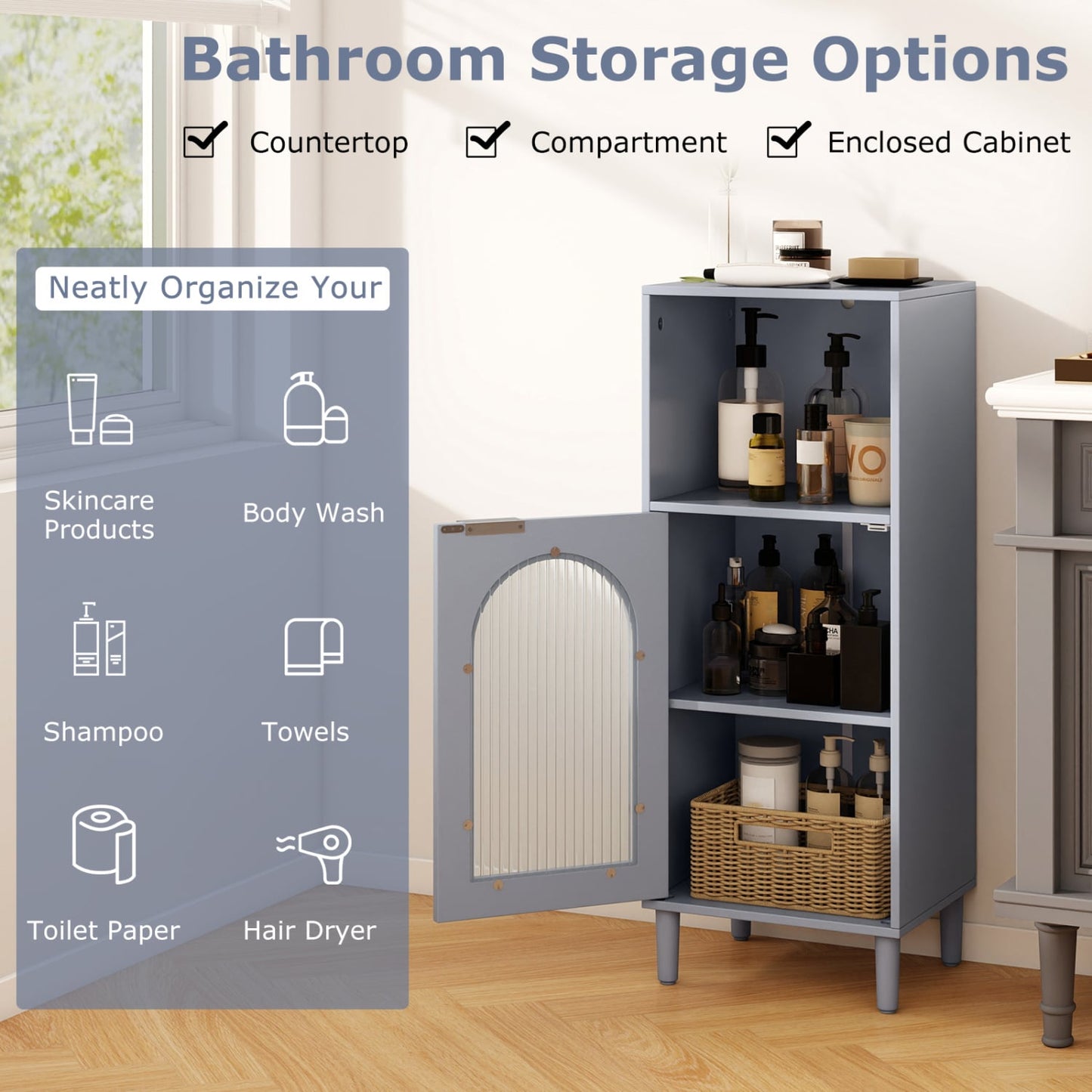 Bathroom Floor Cabinet, Wood Side Storage, Adjustable Shelf, Gray