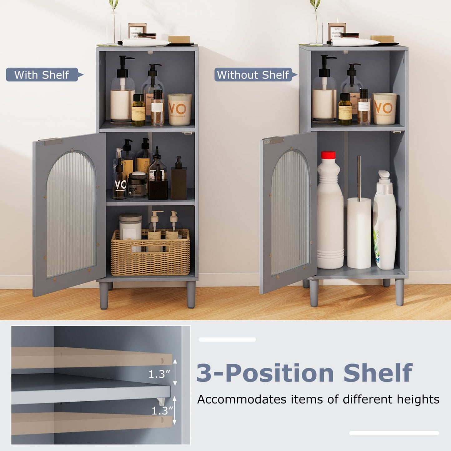 Bathroom Floor Cabinet, Wood Side Storage, Adjustable Shelf, Gray