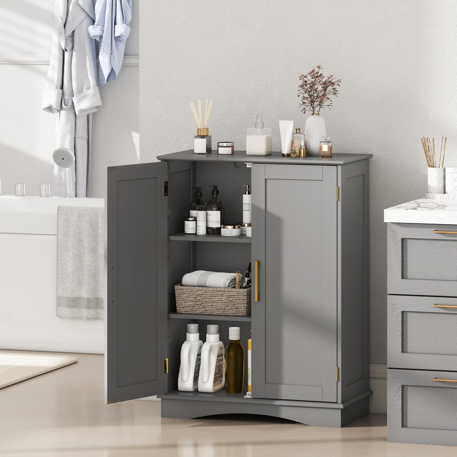 Bathroom Floor Storage Cabinet, 2 Doors, Adjustable Shelves, Gray Floor Cabinets at Gallery Canada
