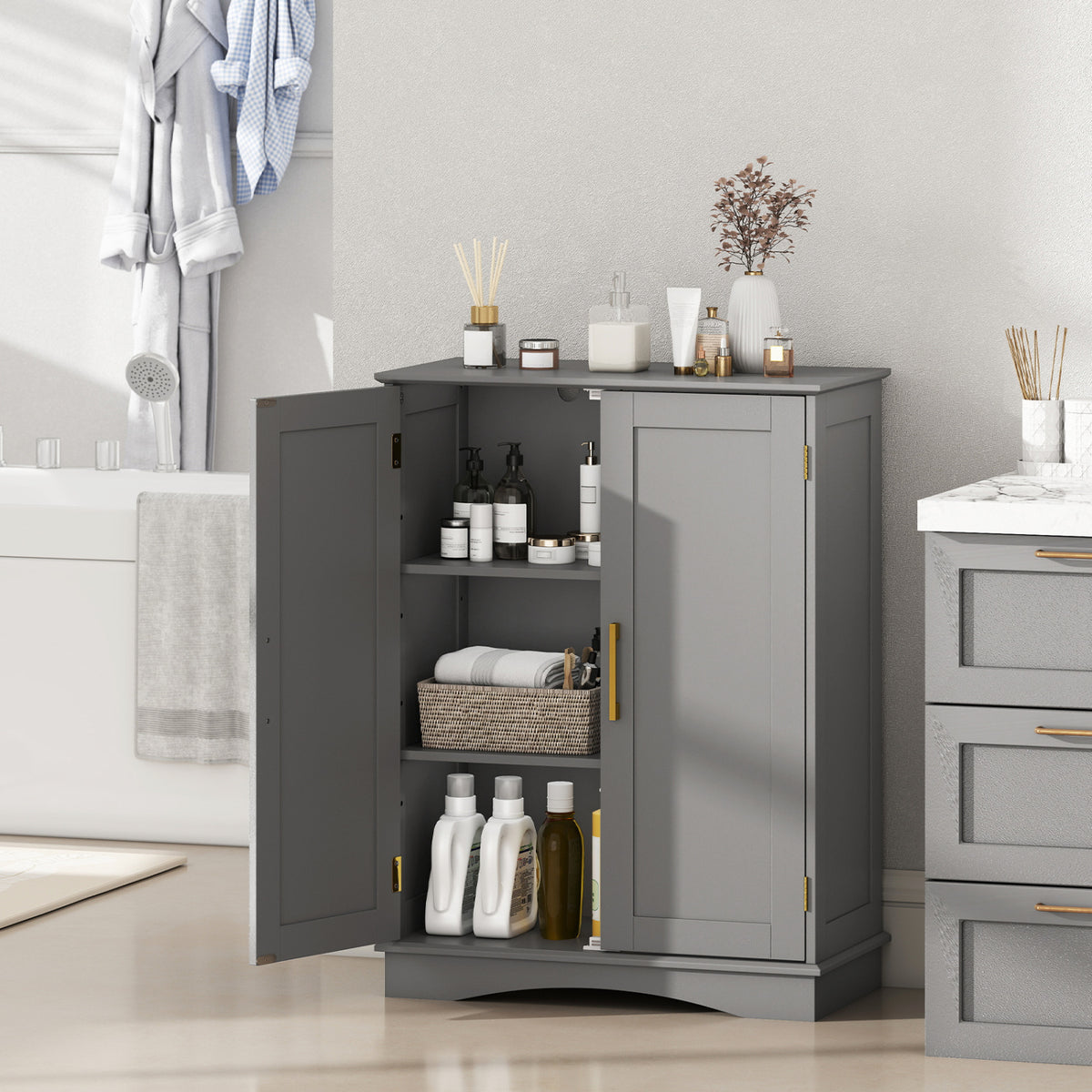 Bathroom Floor Storage Cabinet, 2 Doors, Adjustable Shelves, Gray Floor Cabinets at Gallery Canada