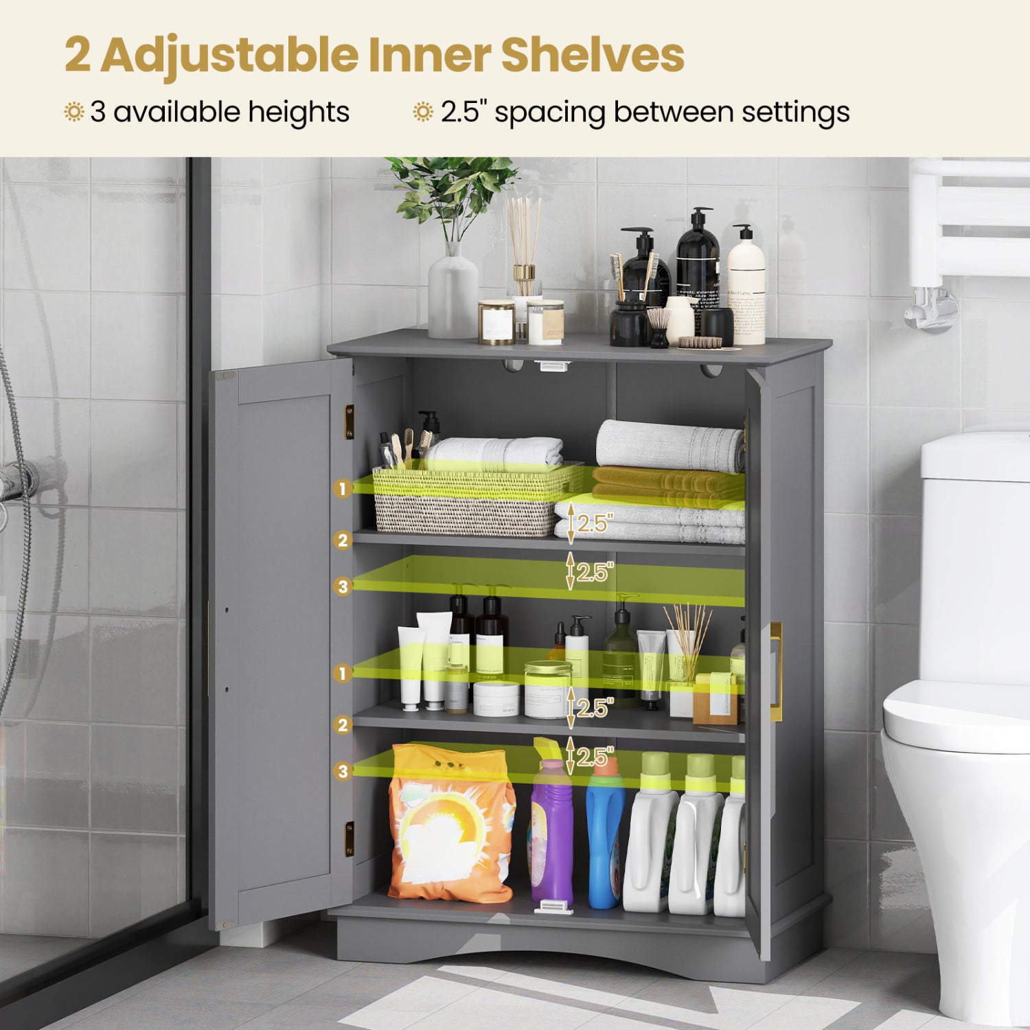 Bathroom Floor Storage Cabinet, 2 Doors, Adjustable Shelves, Gray Floor Cabinets at Gallery Canada