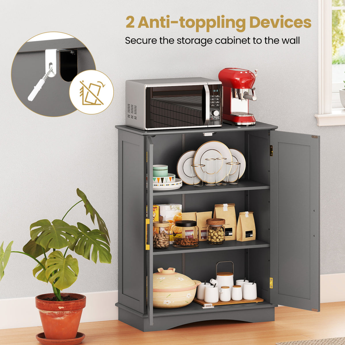 Bathroom Floor Storage Cabinet, 2 Doors, Adjustable Shelves, Gray Floor Cabinets at Gallery Canada