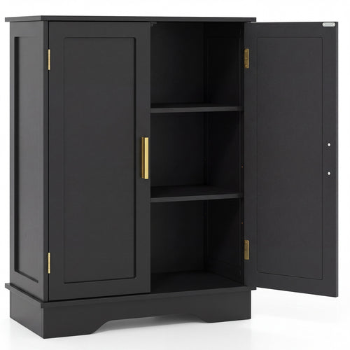 Bathroom Floor Storage Cabinet, 2 Doors, Adjustable Shelves, Black