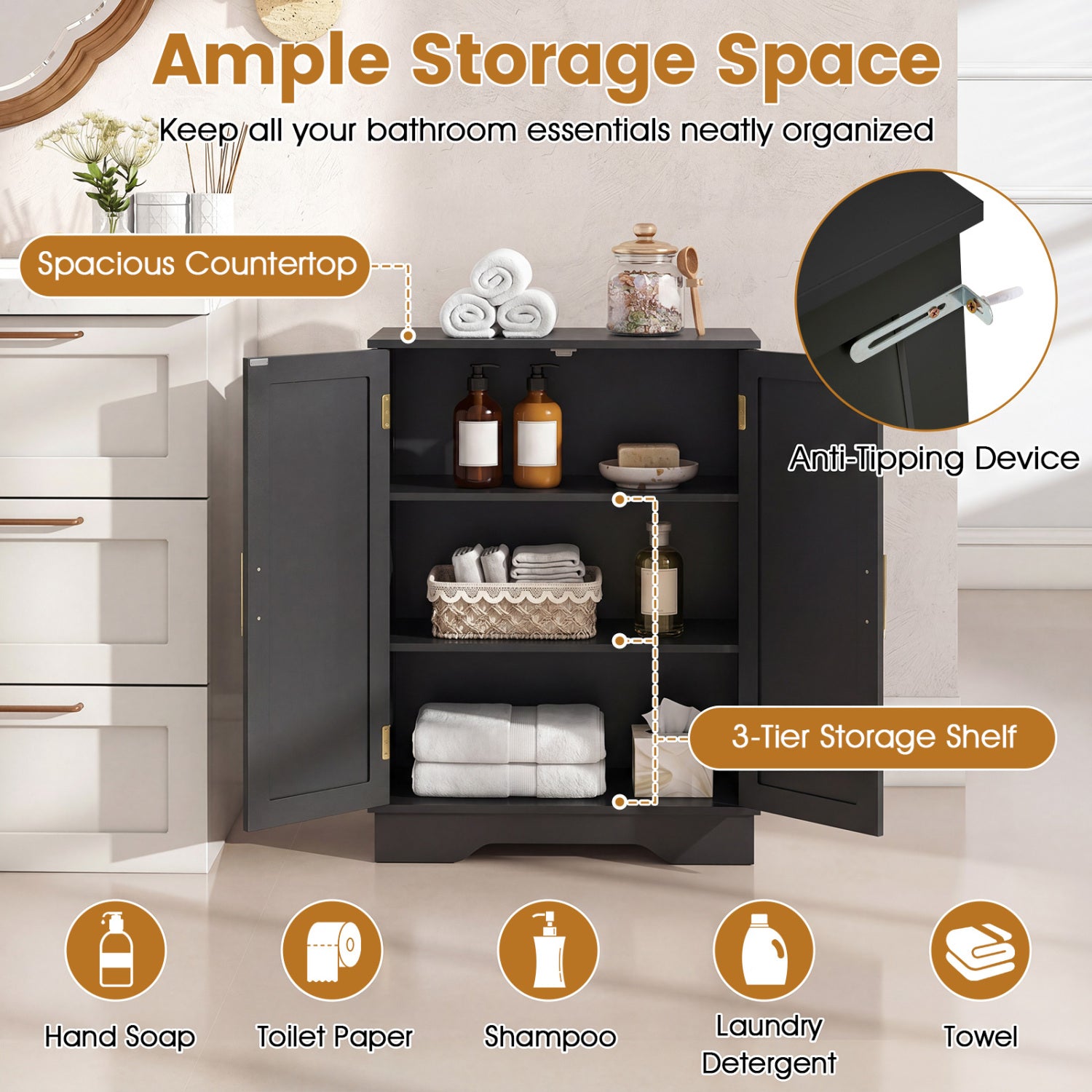 Bathroom Floor Storage Cabinet, 2 Doors, Adjustable Shelves, Black Floor Cabinets at Gallery Canada