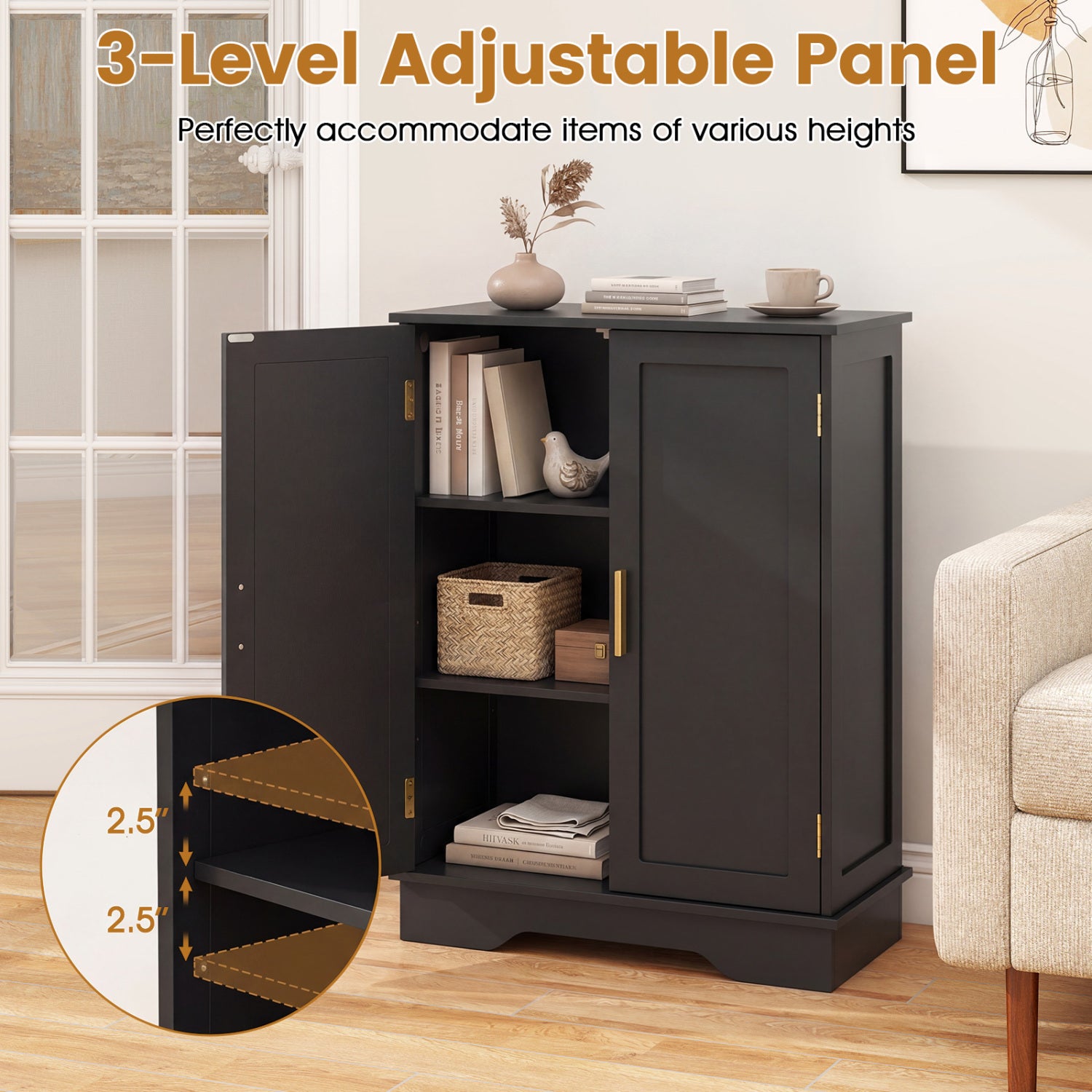 Bathroom Floor Storage Cabinet, 2 Doors, Adjustable Shelves, Black Floor Cabinets at Gallery Canada