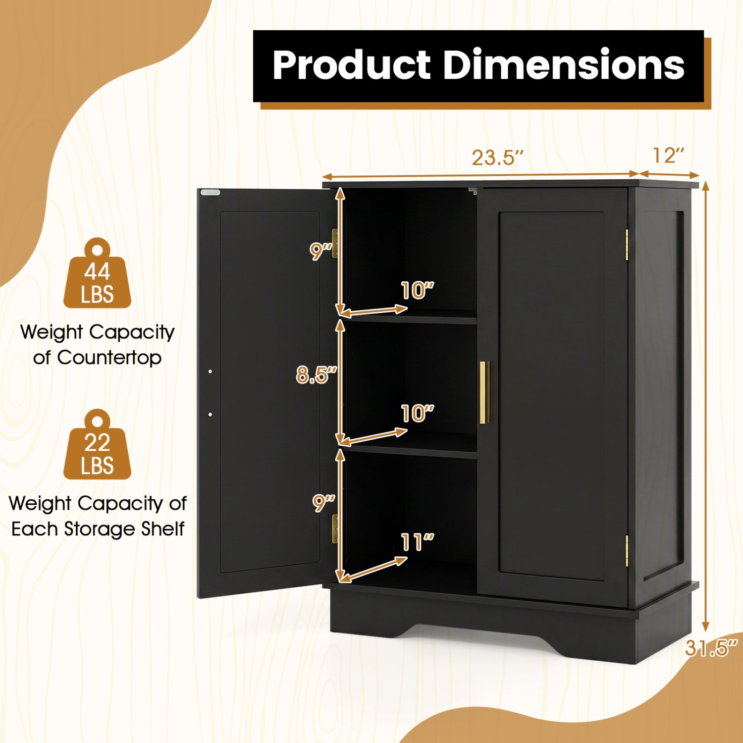 Bathroom Floor Storage Cabinet, 2 Doors, Adjustable Shelves, Black Floor Cabinets at Gallery Canada