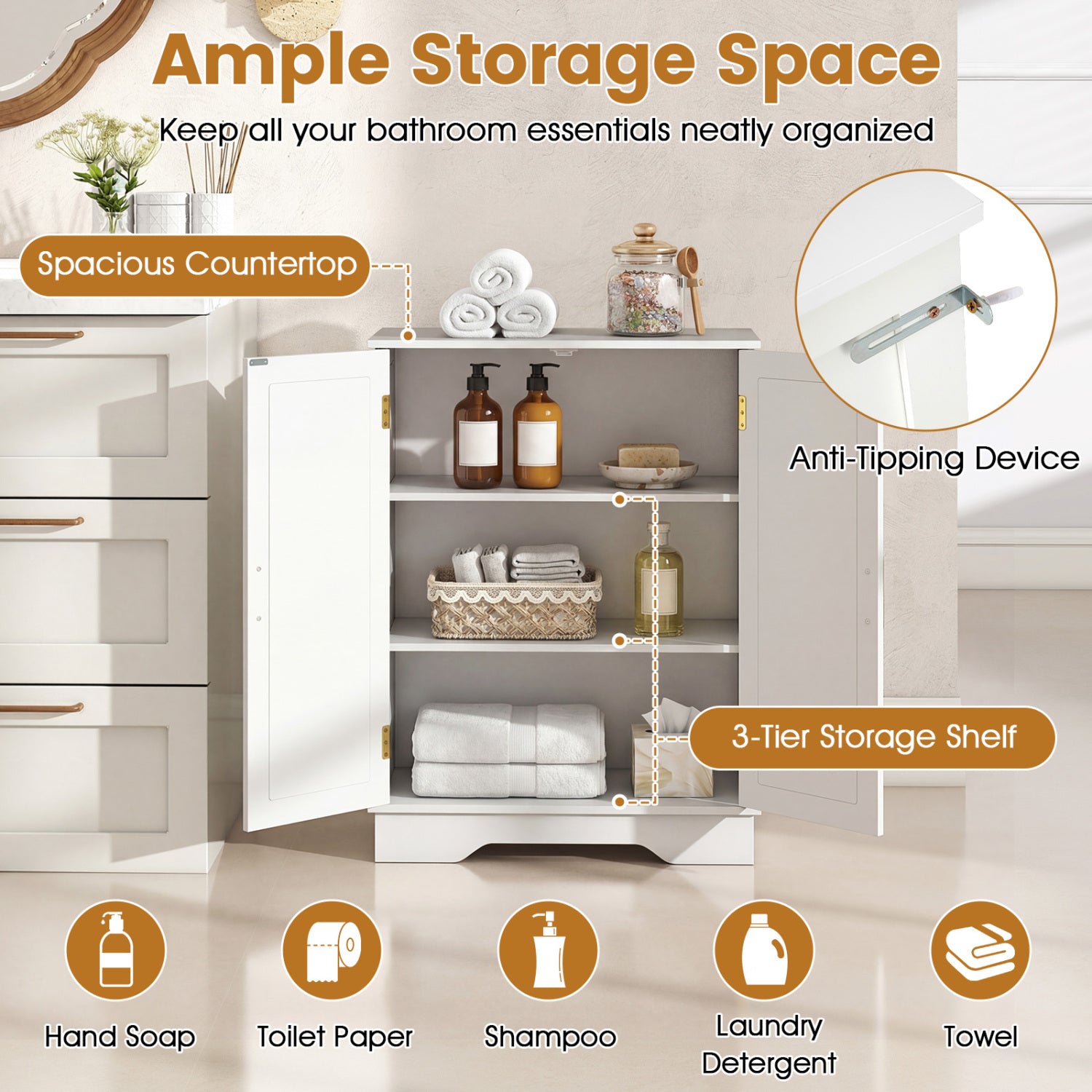 Bathroom Floor Storage Cabinet, 2 Doors, Adjustable Shelves, White Floor Cabinets at Gallery Canada