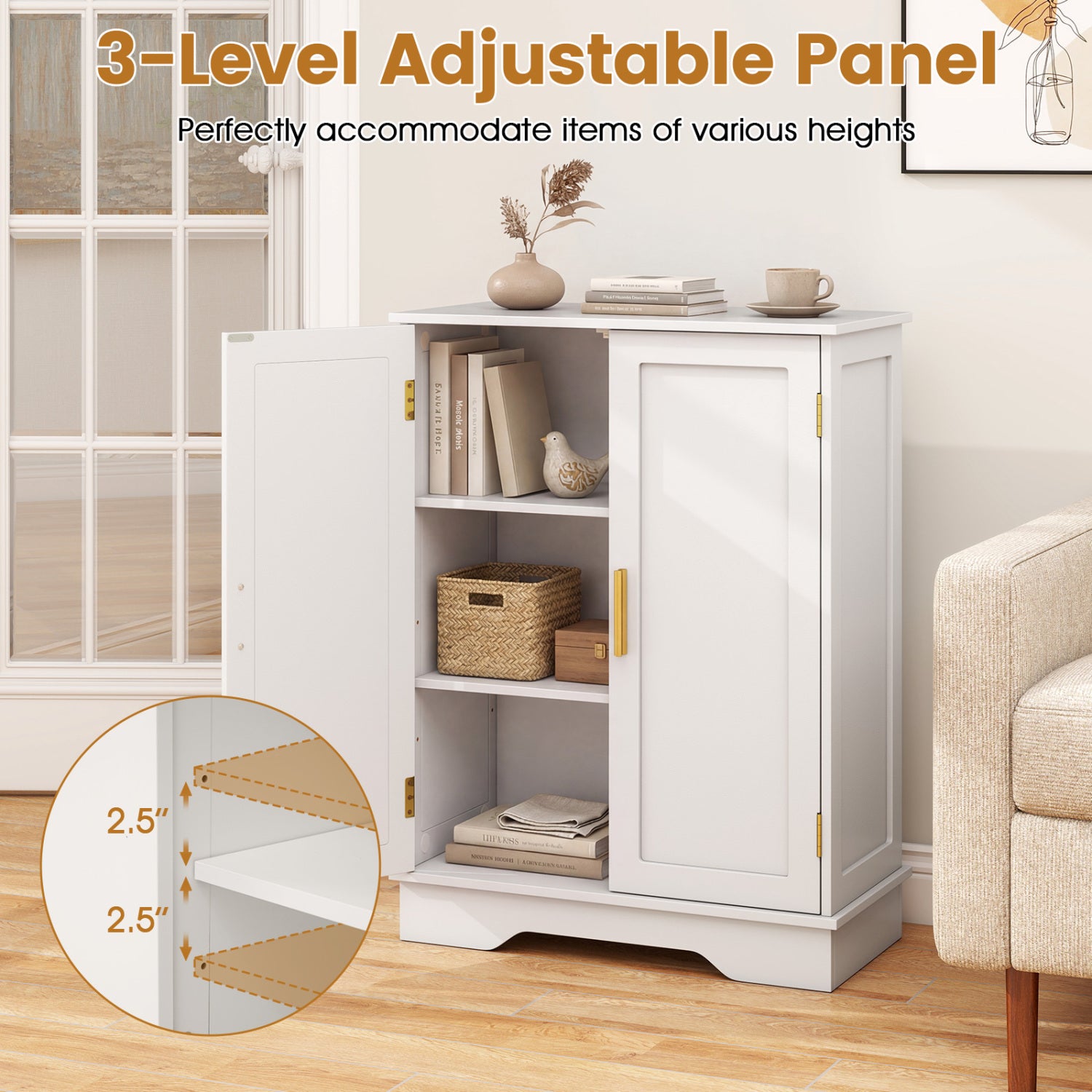 Bathroom Floor Storage Cabinet, 2 Doors, Adjustable Shelves, White Floor Cabinets at Gallery Canada