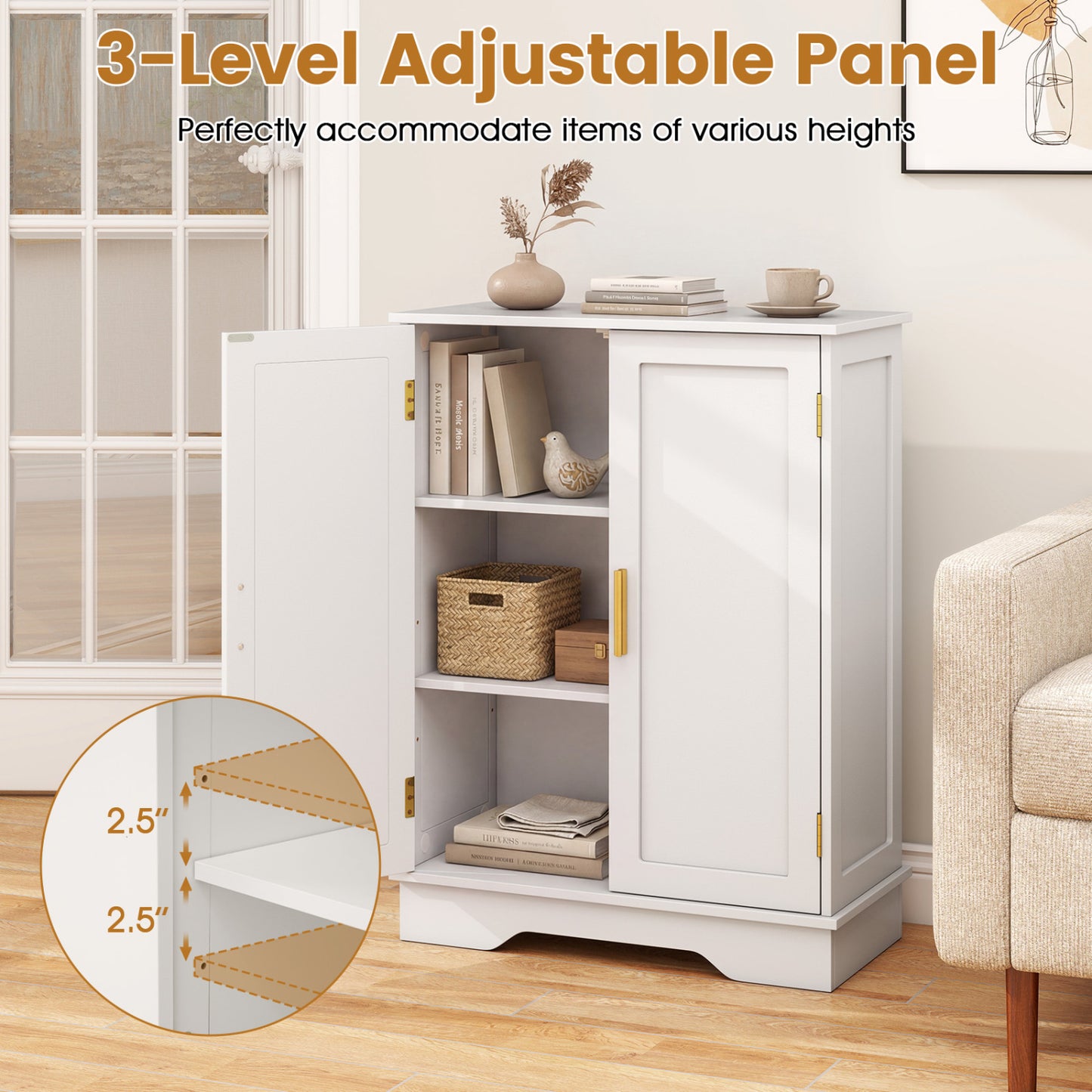 Bathroom Floor Storage Cabinet, 2 Doors, Adjustable Shelves, White Floor Cabinets at Gallery Canada