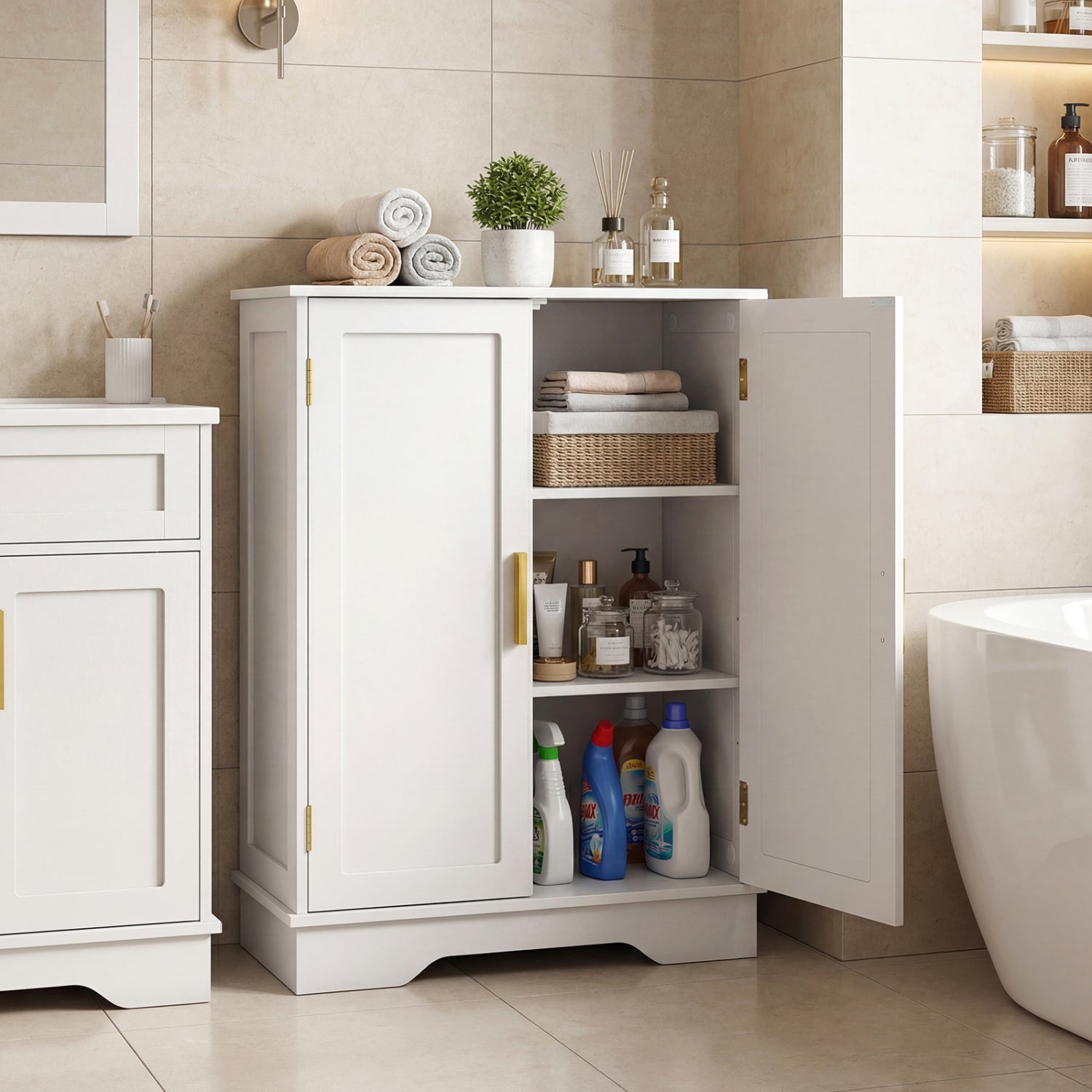 Bathroom Floor Storage Cabinet, 2 Doors, Adjustable Shelves, White Floor Cabinets at Gallery Canada