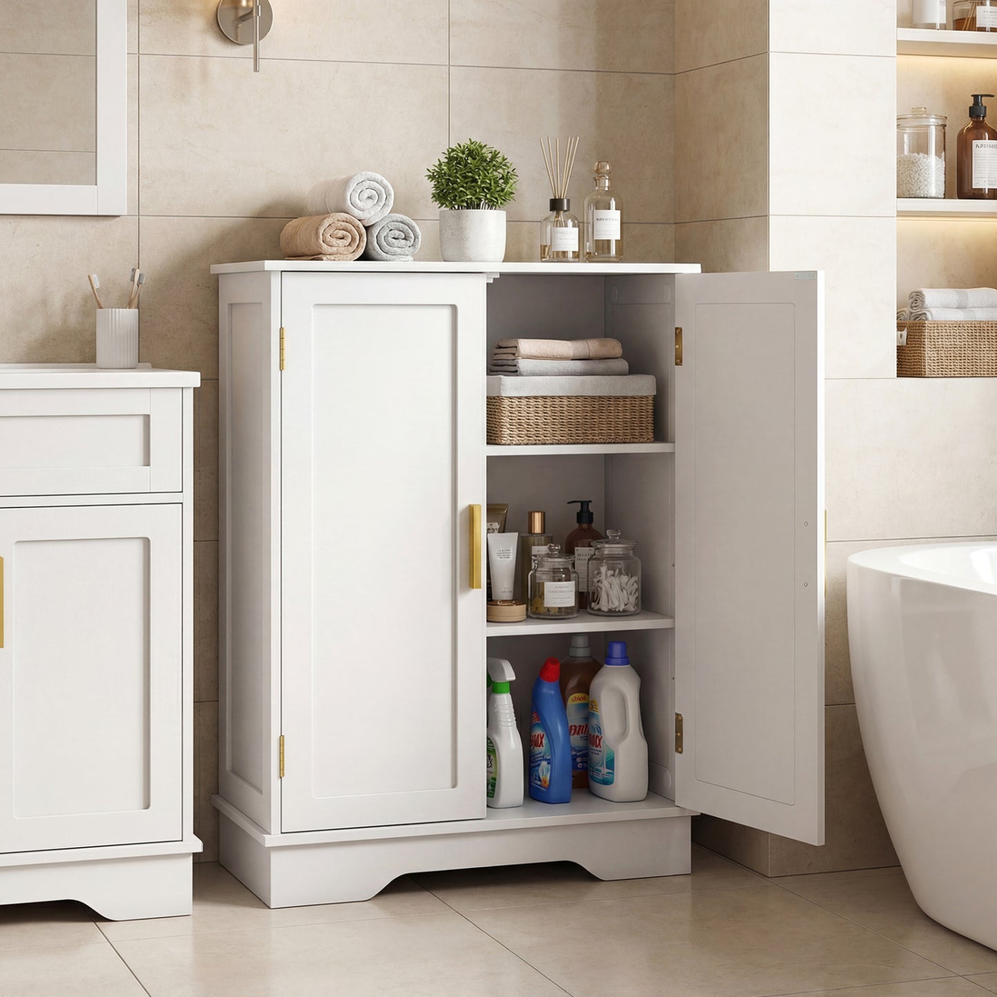 Bathroom Floor Storage Cabinet, 2 Doors, Adjustable Shelves, White Floor Cabinets at Gallery Canada