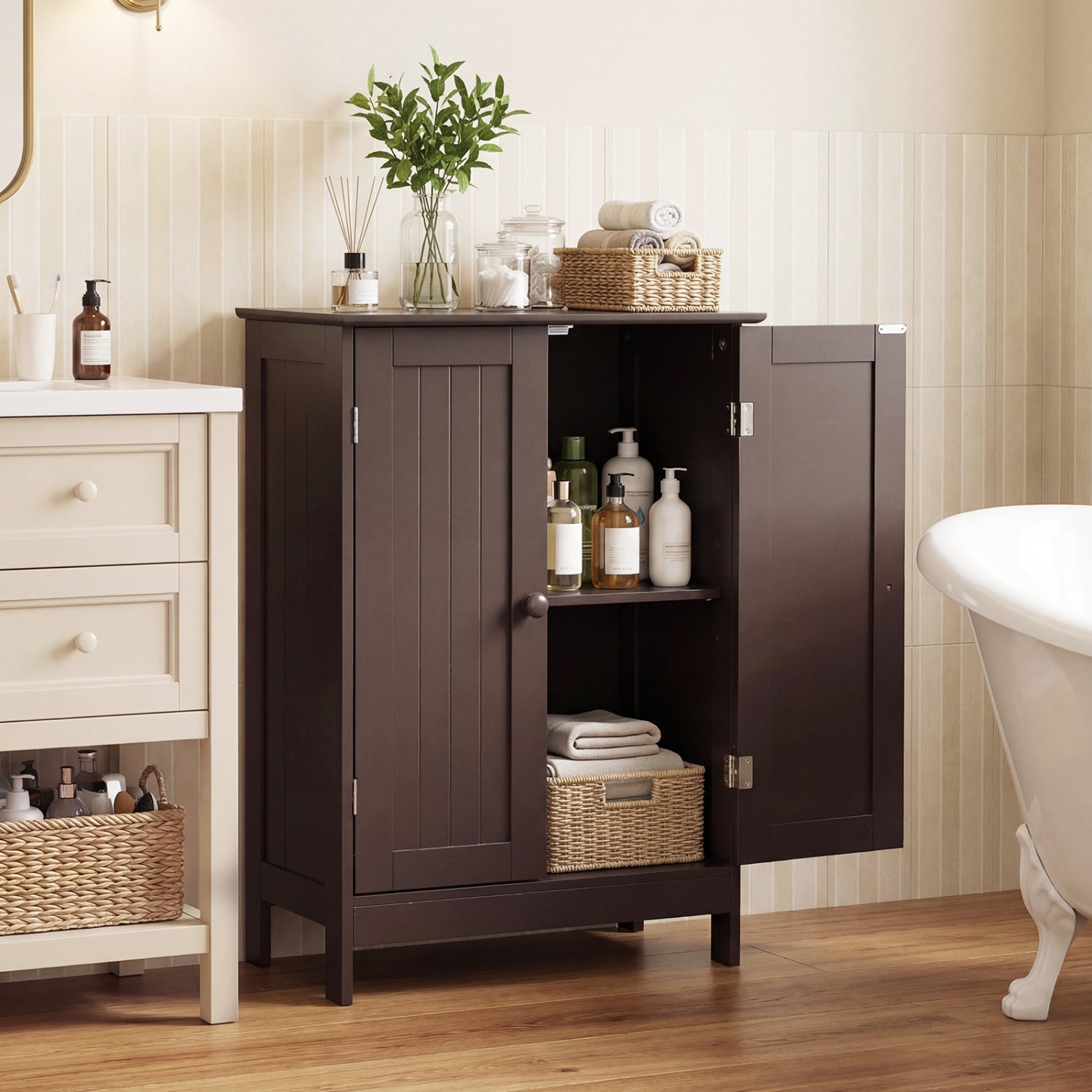 Bathroom Floor Storage Cabinet, Double Door, Brown Floor Cabinets at Gallery Canada