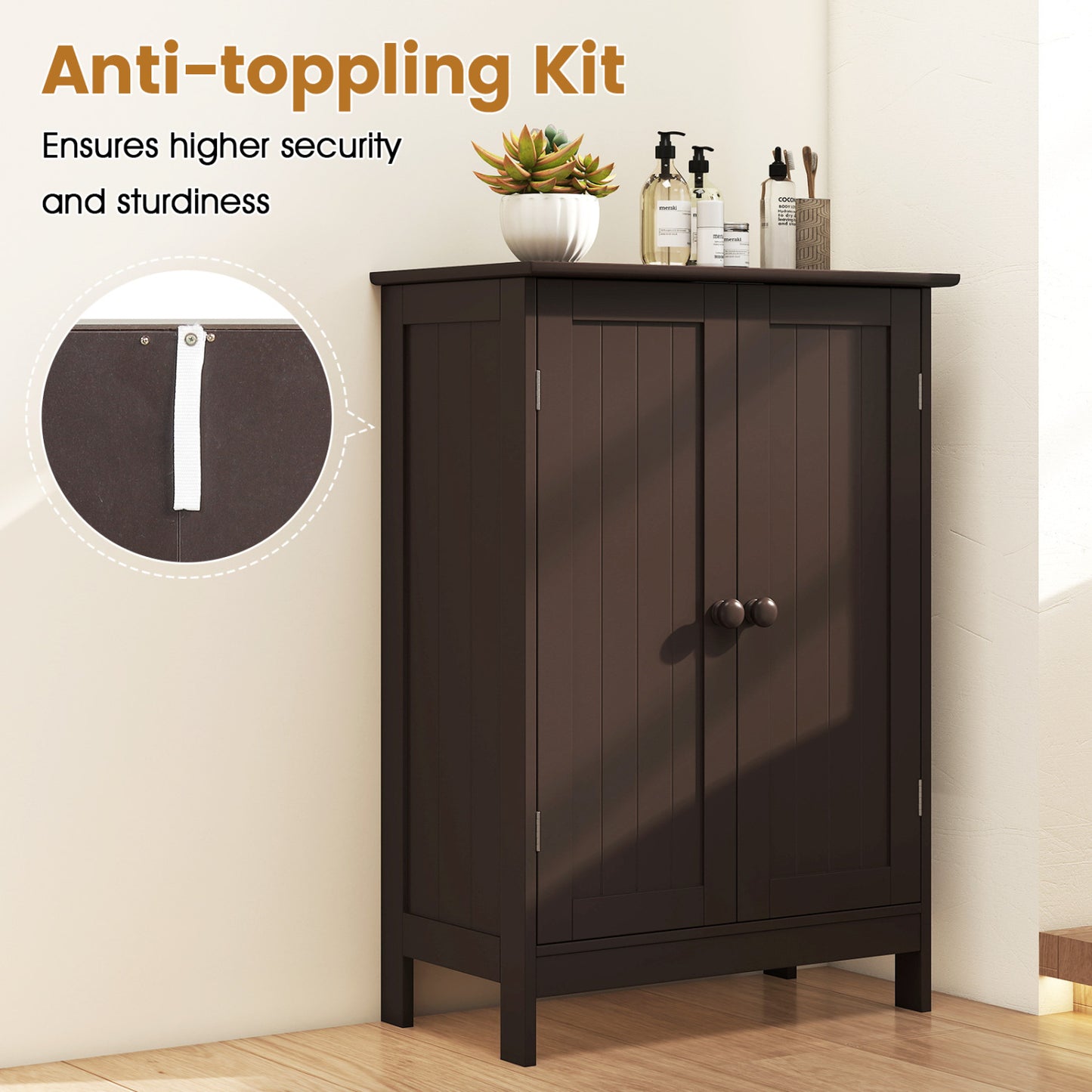 Bathroom Floor Storage Cabinet, Double Door, Brown Floor Cabinets at Gallery Canada