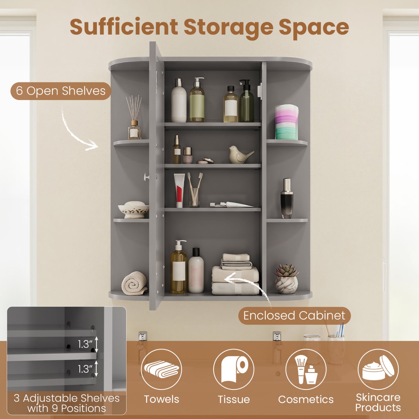 Single Door Wall Mount Cabinet With Mirror, Gray Wall Cabinets at Gallery Canada