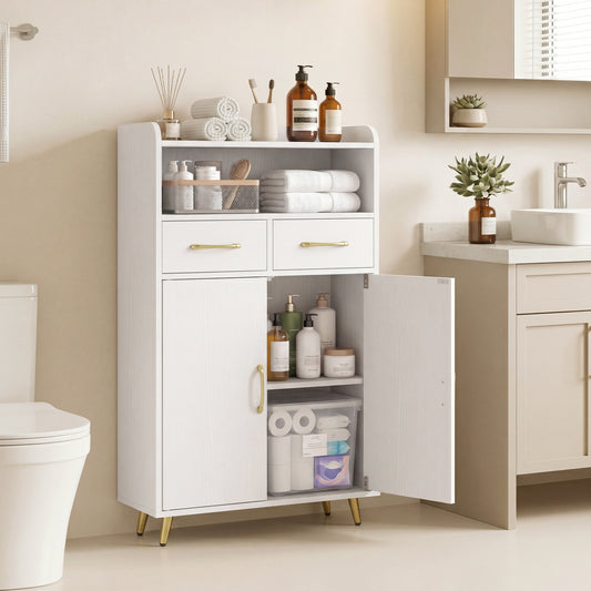 Bathroom Storage Cabinet Freestanding Floor Cabinet with 2 Drawers and 2 Doors, White Floor Cabinets White at Gallery Canada