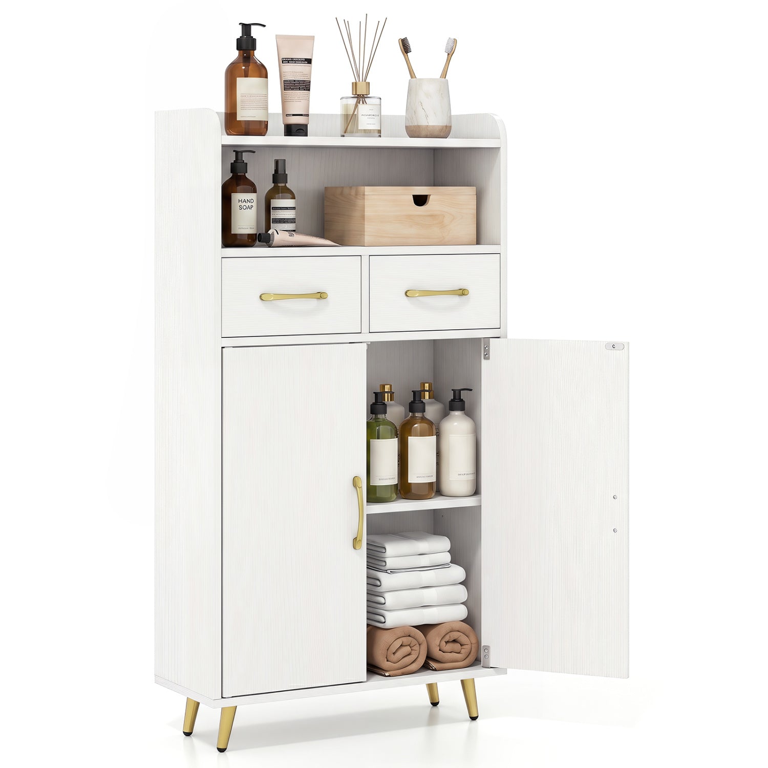Bathroom Storage Cabinet Freestanding Floor Cabinet with 2 Drawers and 2 Doors, White Floor Cabinets White at Gallery Canada