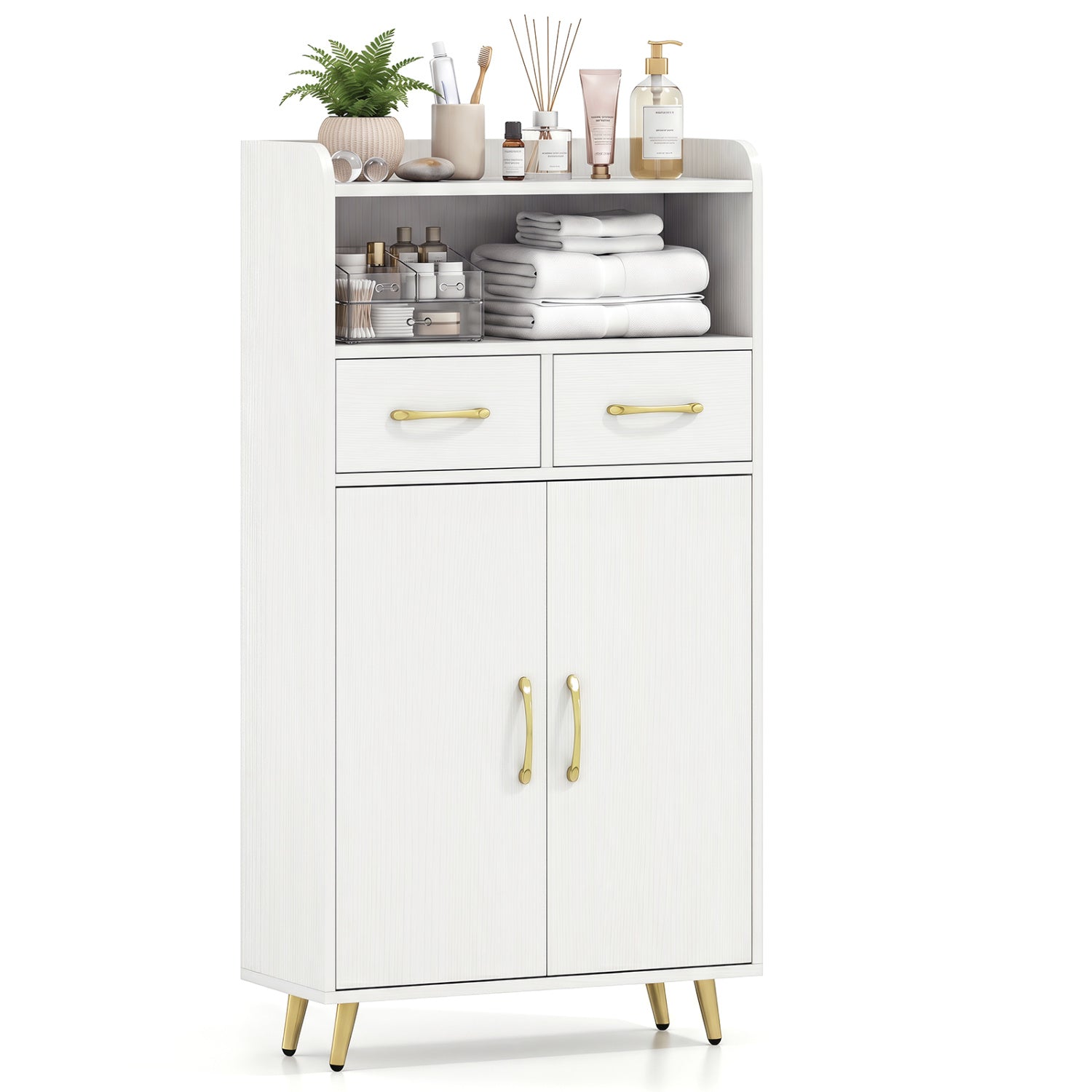 Bathroom Storage Cabinet Freestanding Floor Cabinet with 2 Drawers and 2 Doors, White Floor Cabinets at Gallery Canada