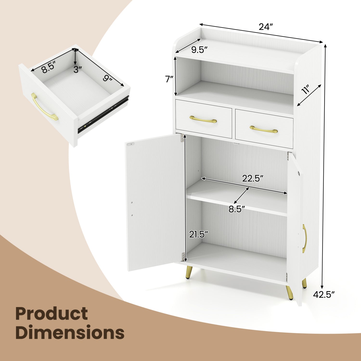 Bathroom Storage Cabinet Freestanding Floor Cabinet with 2 Drawers and 2 Doors, White Floor Cabinets at Gallery Canada