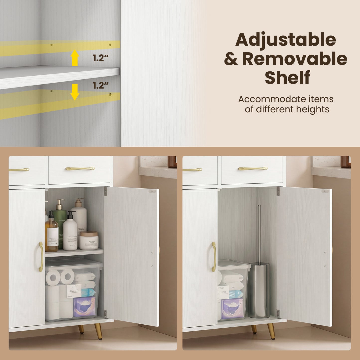 Bathroom Storage Cabinet Freestanding Floor Cabinet with 2 Drawers and 2 Doors, White Floor Cabinets at Gallery Canada