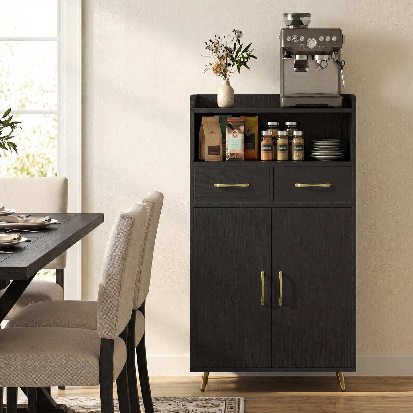 Bathroom Storage Cabinet, 2 Drawers, 2 Doors, Black
