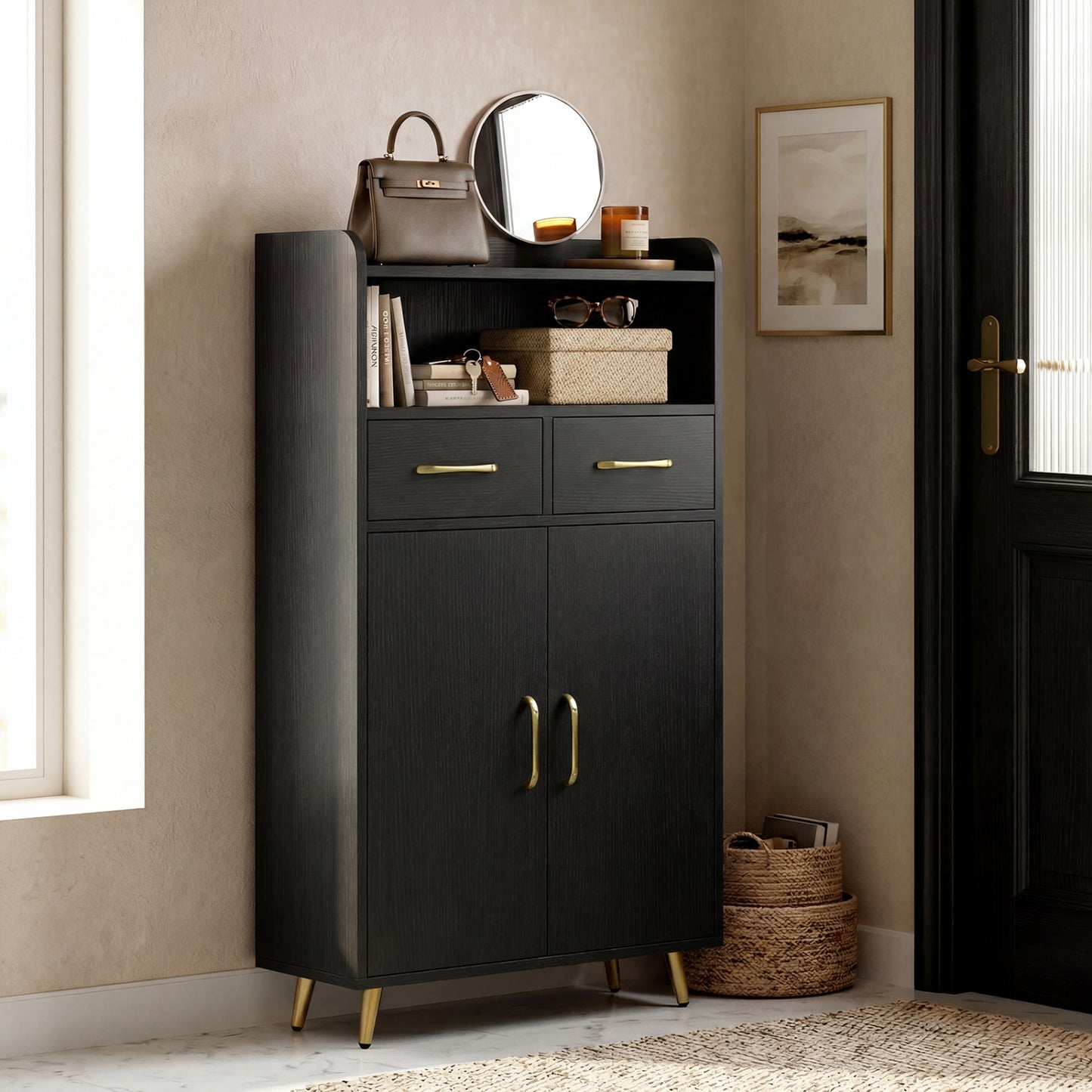 Bathroom Storage Cabinet, 2 Drawers, 2 Doors, Black