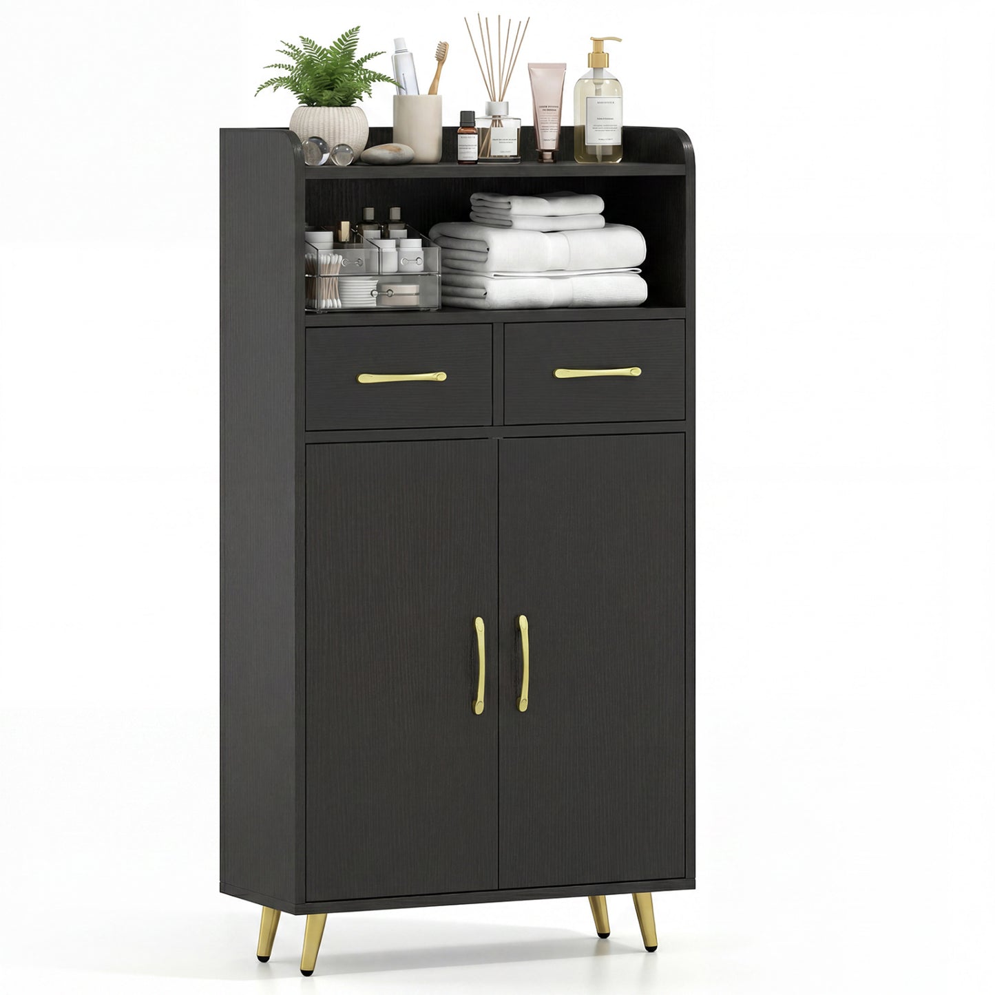 Bathroom Storage Cabinet, 2 Drawers, 2 Doors, Black