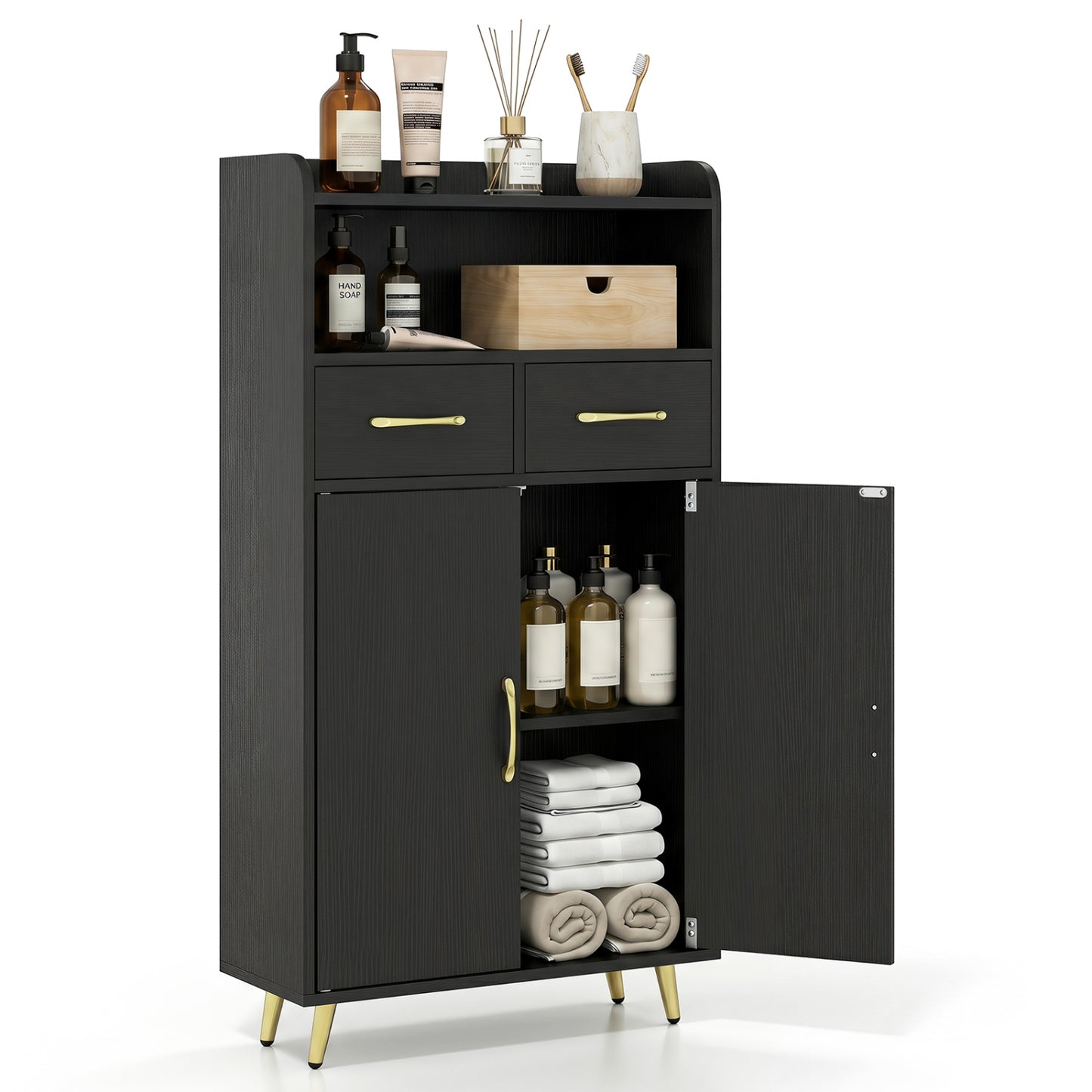 Bathroom Storage Cabinet, 2 Drawers, 2 Doors, Black