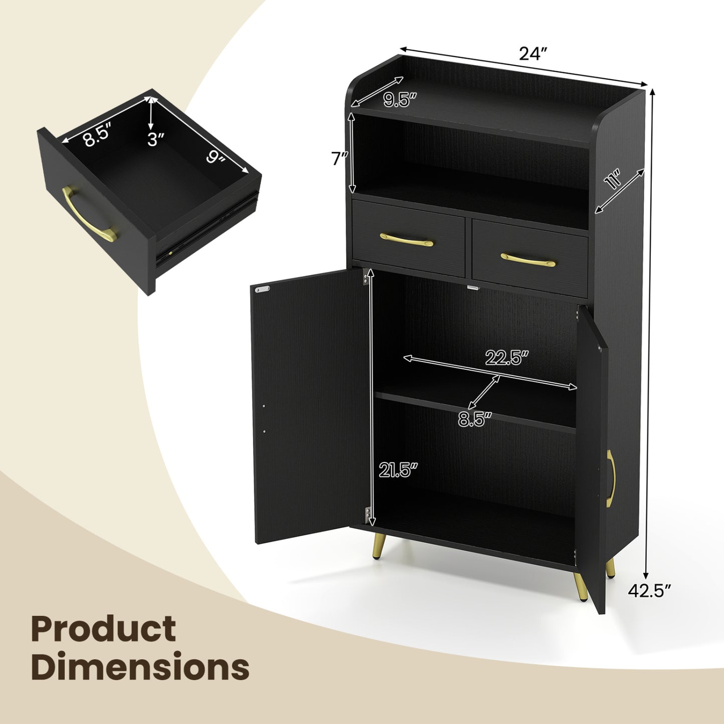 Bathroom Storage Cabinet, 2 Drawers, 2 Doors, Black