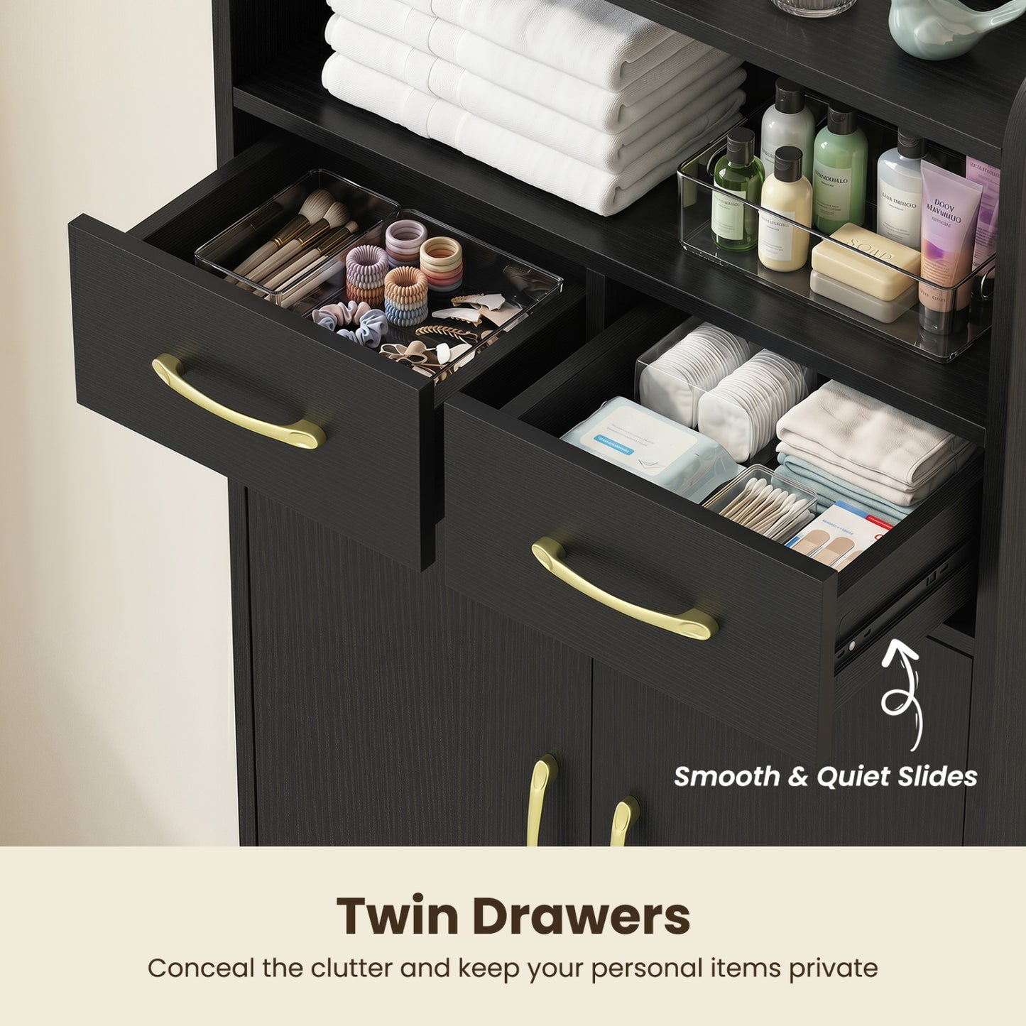 Bathroom Storage Cabinet, 2 Drawers, 2 Doors, Black