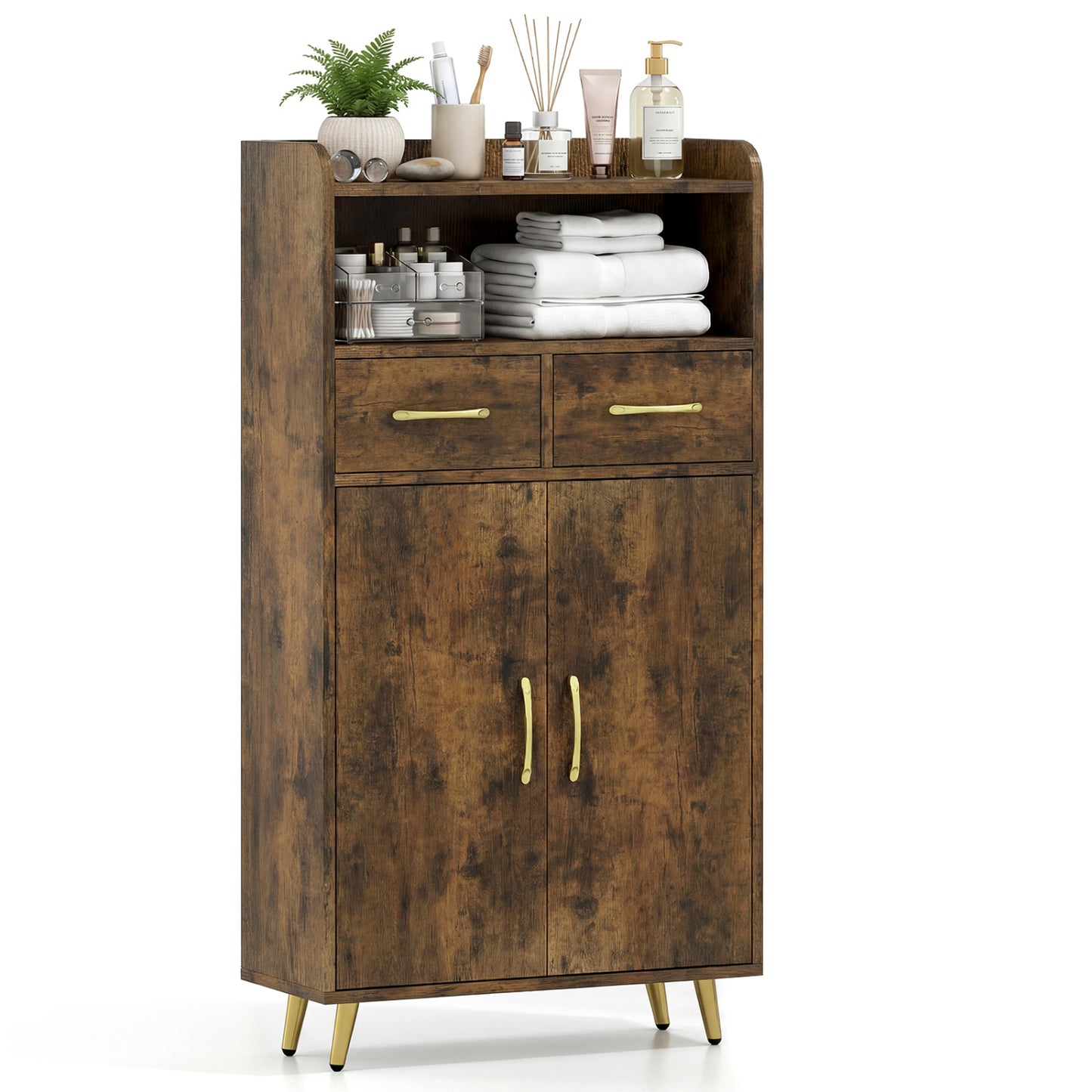 Bathroom Storage Cabinet, 2 Drawers and 2 Doors, Rustic Brown