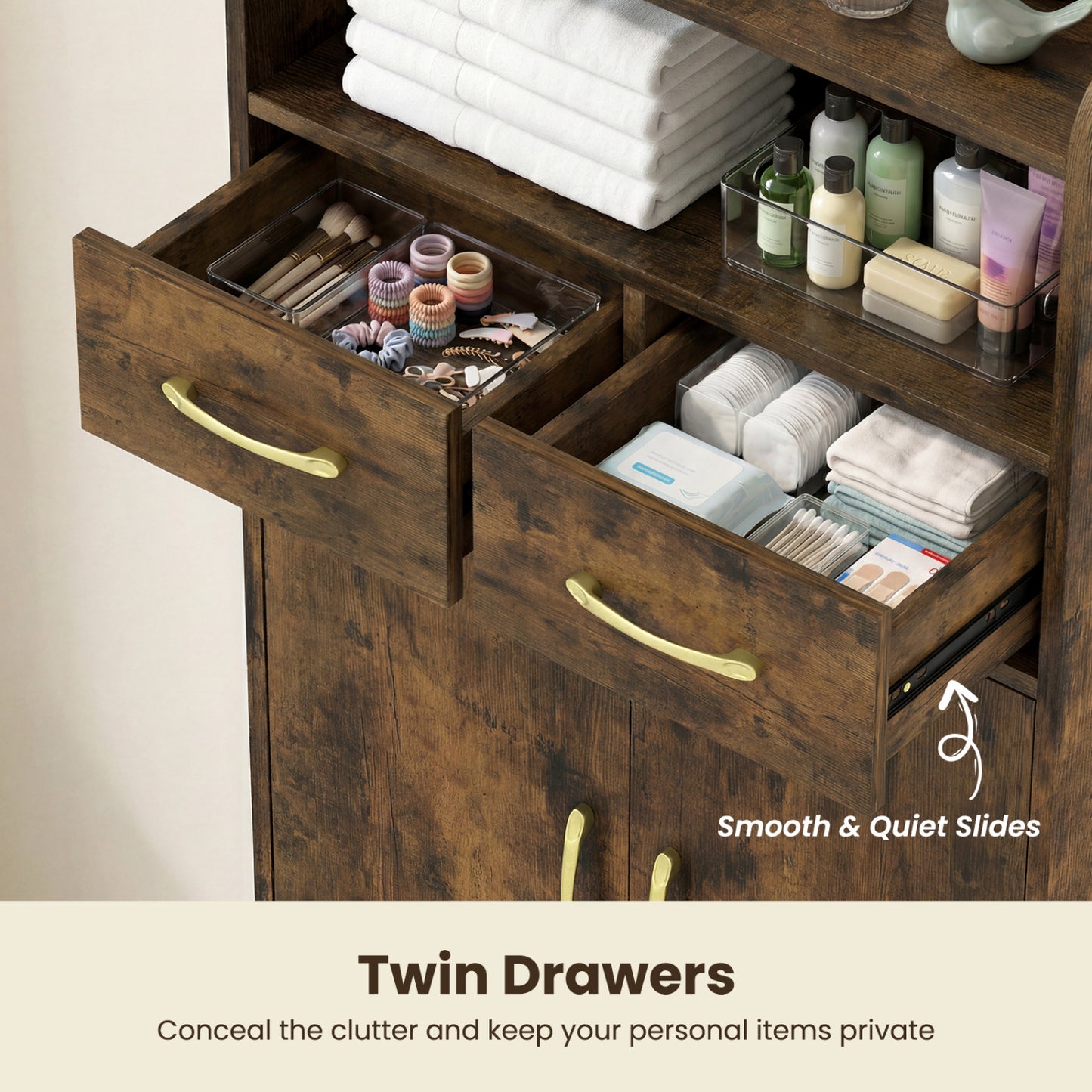 Bathroom Storage Cabinet, 2 Drawers and 2 Doors, Rustic Brown