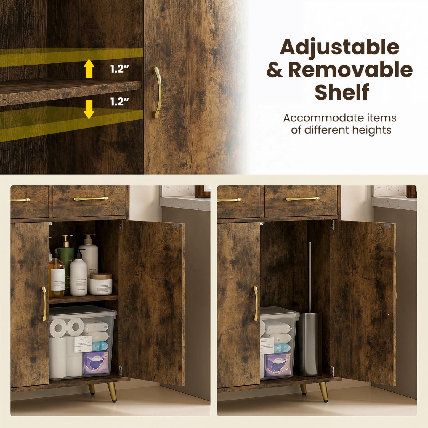 Bathroom Storage Cabinet, 2 Drawers and 2 Doors, Rustic Brown