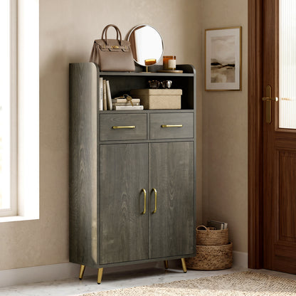 Bathroom Cabinet, Floor Cabinet with 2 Drawers, Oak, Gray