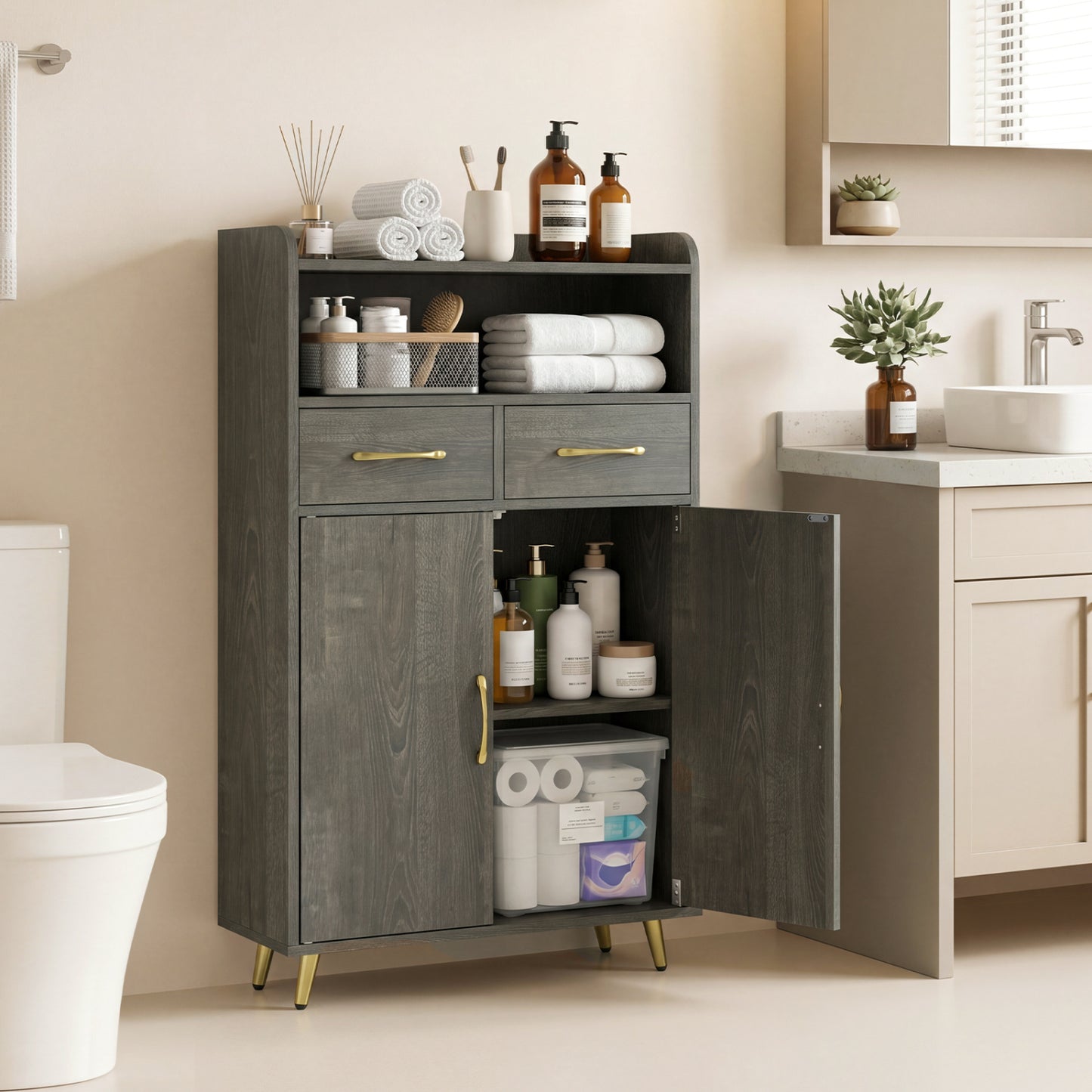 Bathroom Cabinet, Floor Cabinet with 2 Drawers, Oak, Gray