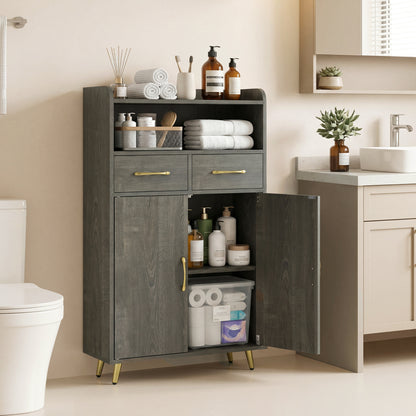 Bathroom Cabinet, Floor Cabinet with 2 Drawers, Oak, Gray
