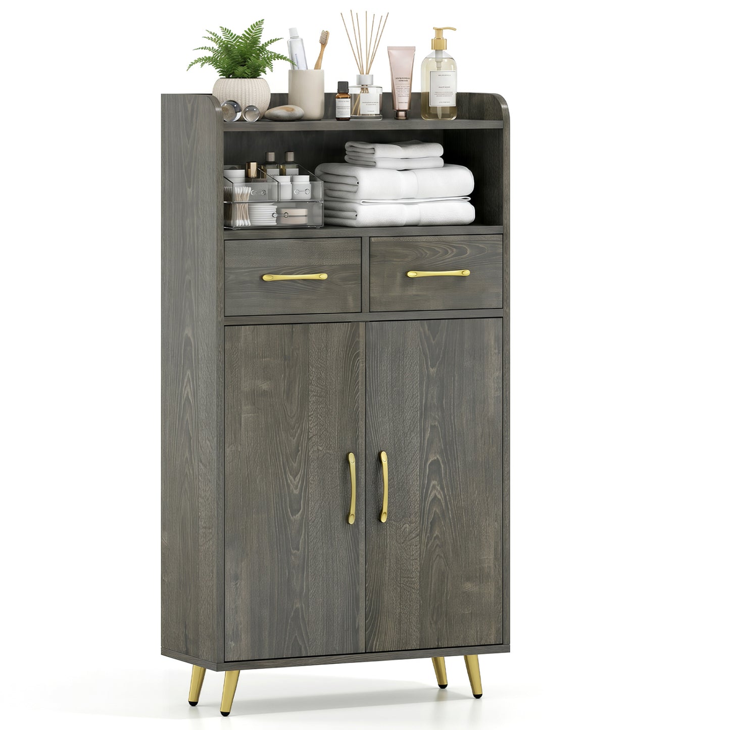 Bathroom Cabinet, Floor Cabinet with 2 Drawers, Oak, Gray