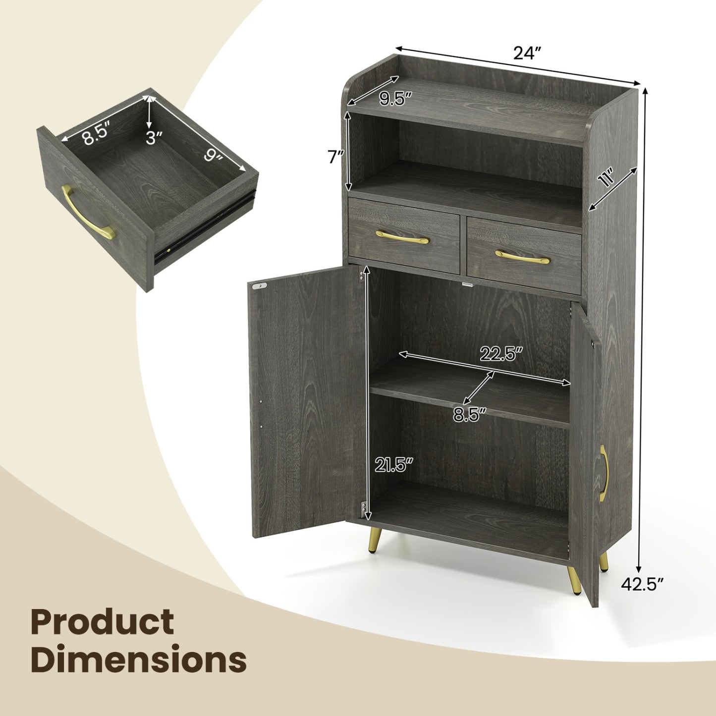 Bathroom Cabinet, Floor Cabinet with 2 Drawers, Oak, Gray