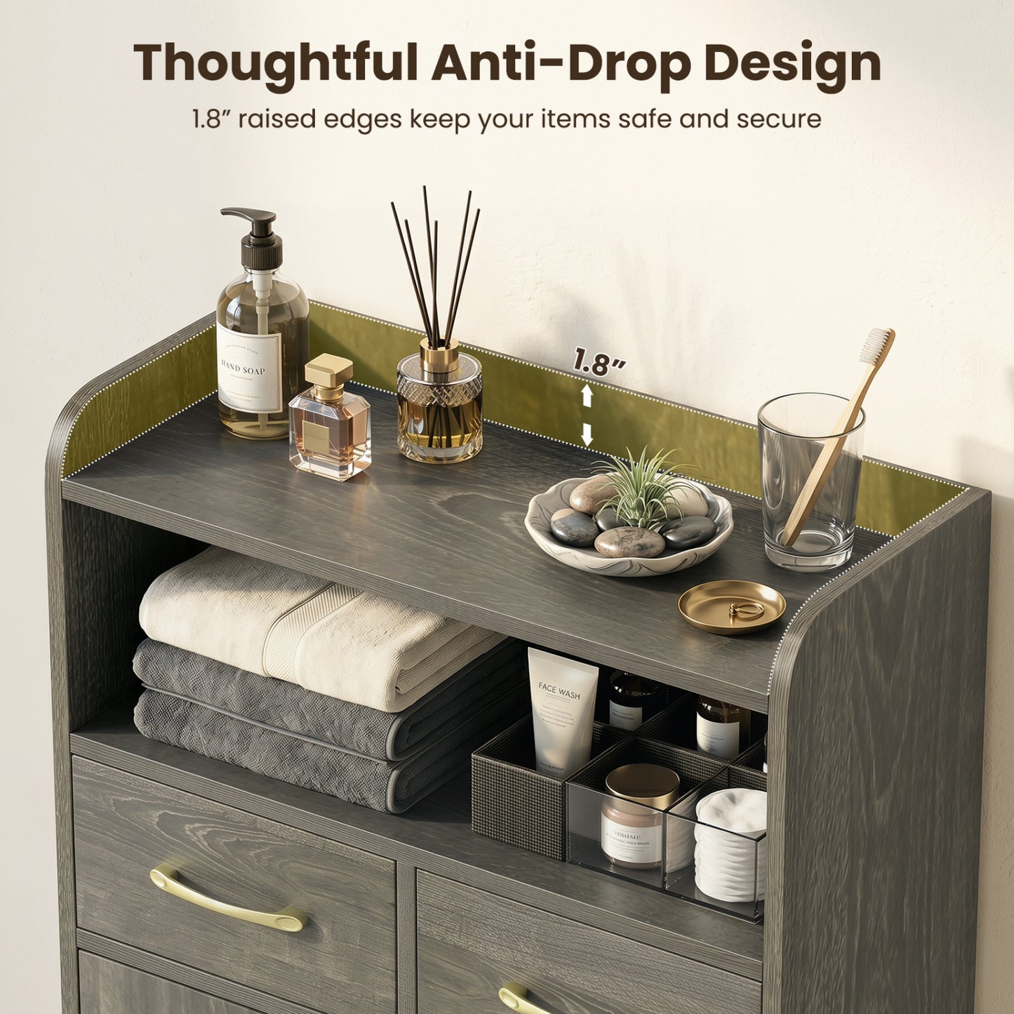 Bathroom Cabinet, Floor Cabinet with 2 Drawers, Oak, Gray