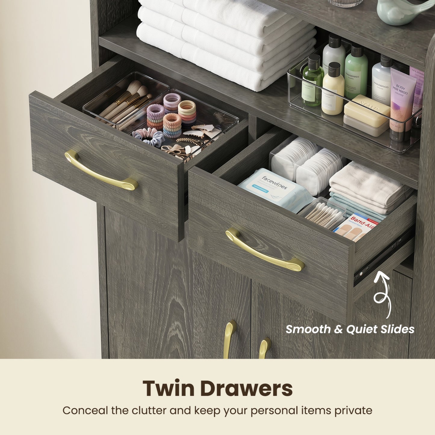 Bathroom Cabinet, Floor Cabinet with 2 Drawers, Oak, Gray