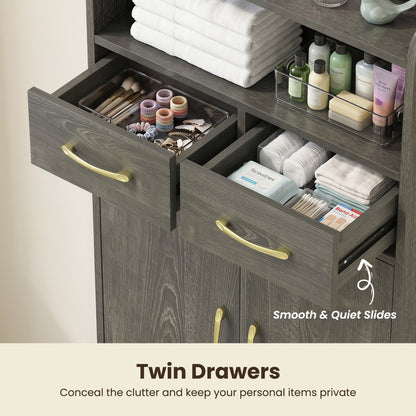 Bathroom Cabinet, Floor Cabinet with 2 Drawers, Oak, Gray