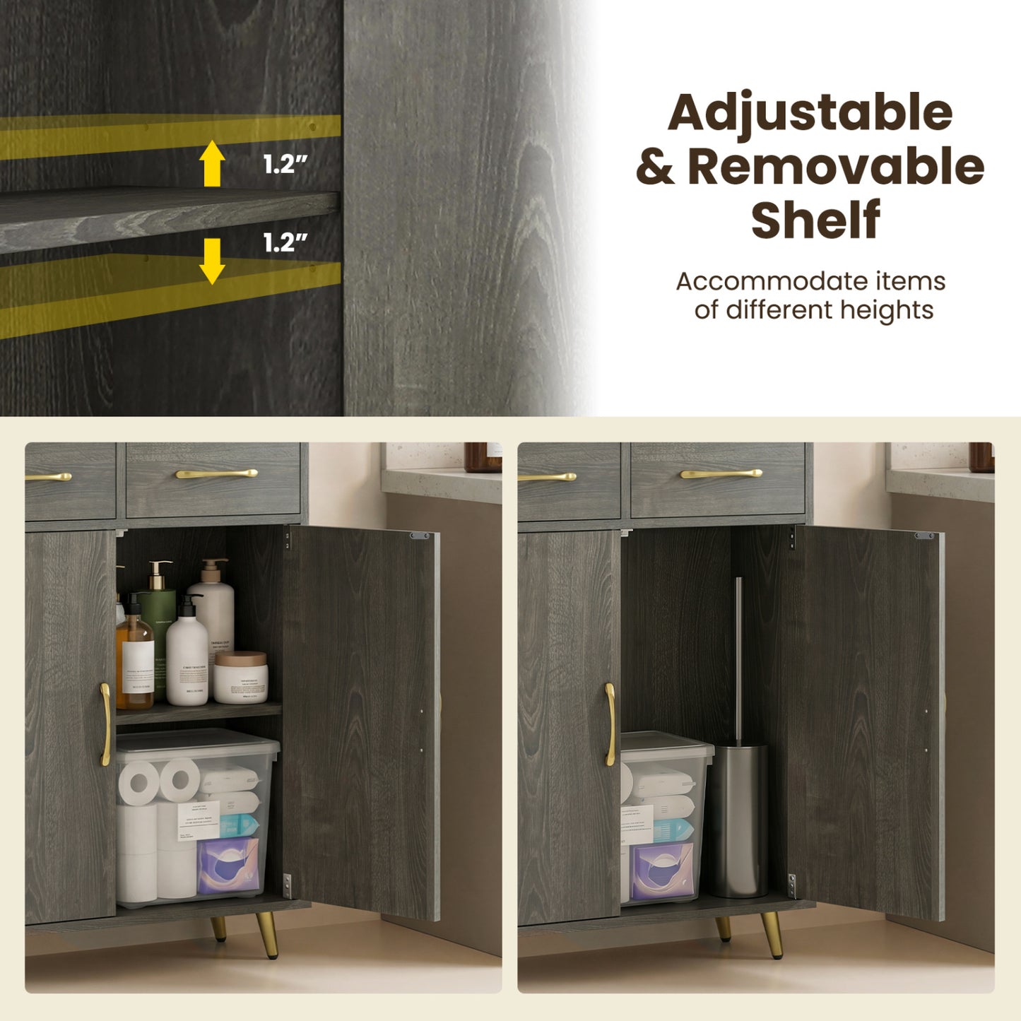 Bathroom Cabinet, Floor Cabinet with 2 Drawers, Oak, Gray