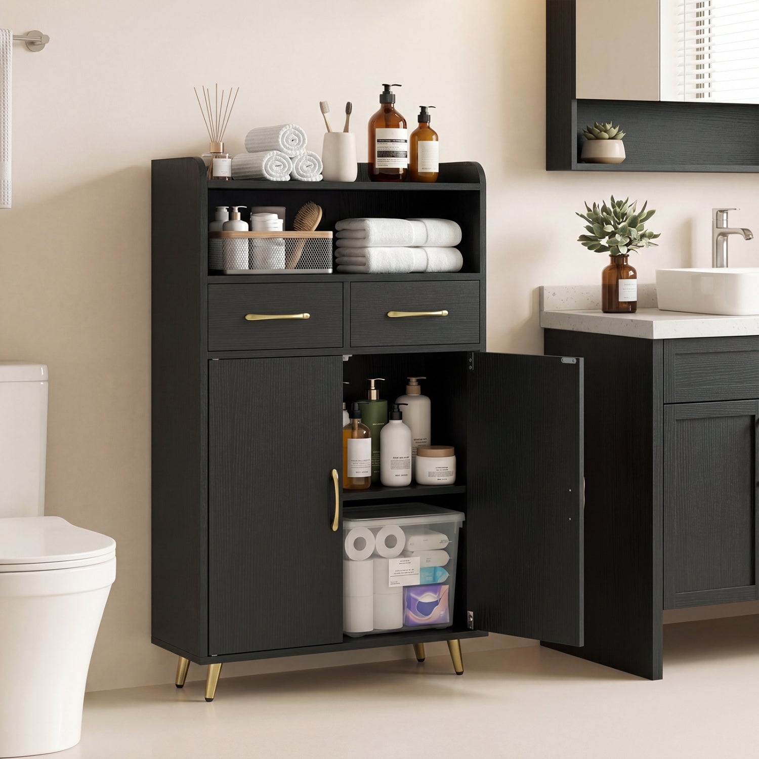 Bathroom Storage Cabinet, 2 Drawers, 2 Doors, Black Floor Cabinets at Gallery Canada
