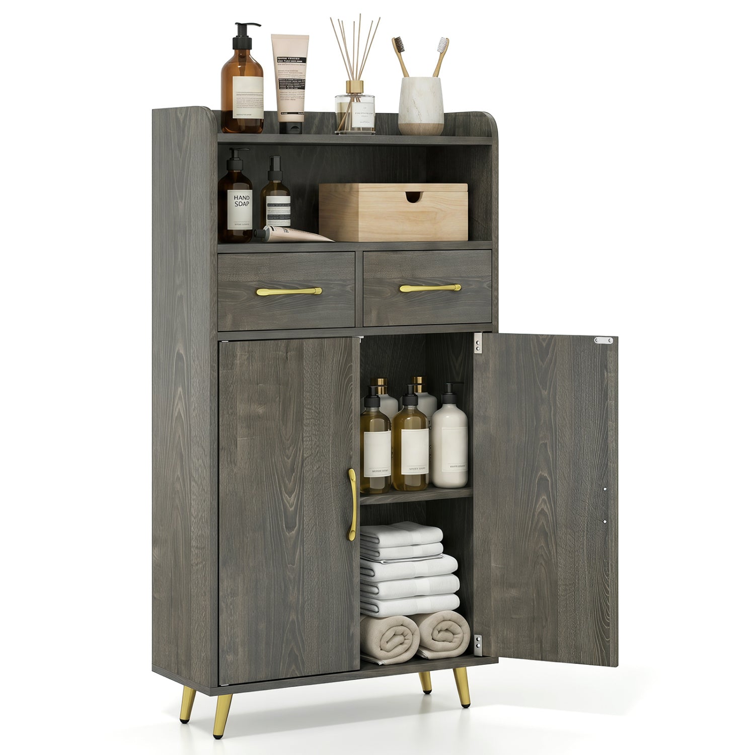 Bathroom Cabinet, Floor Cabinet with 2 Drawers, Oak, Gray Floor Cabinets at Gallery Canada