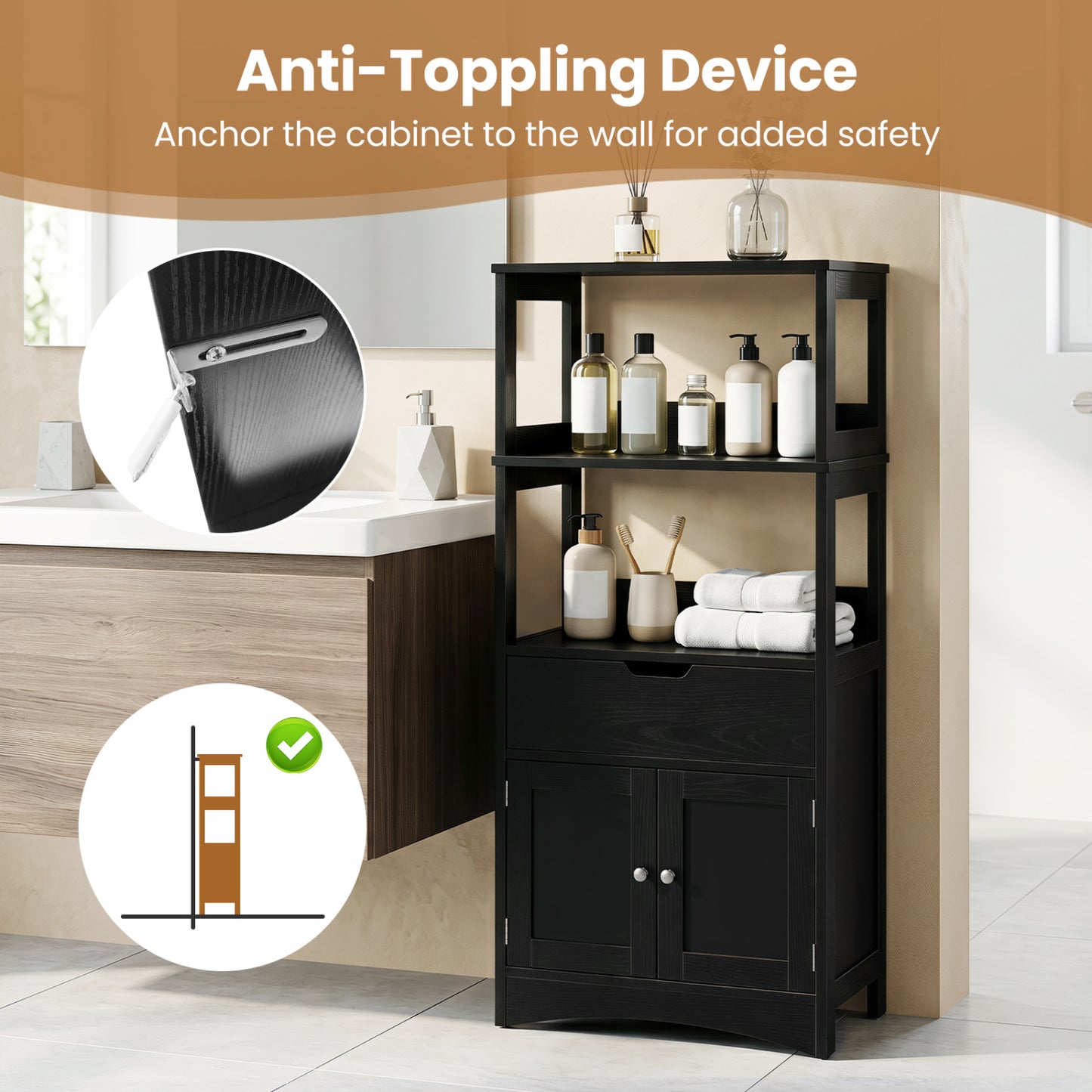 Bathroom Storage Cabinet With Drawer, Black