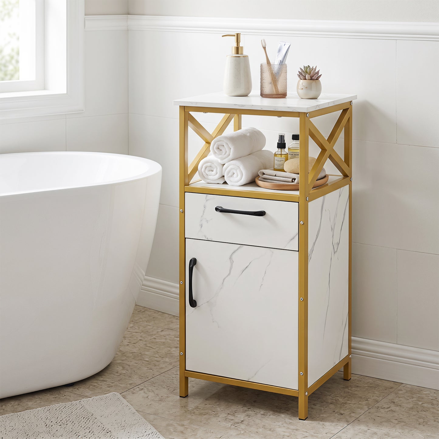 Armoire de rangement pour salle de bain, une porte, tiroir et étagère, blanc